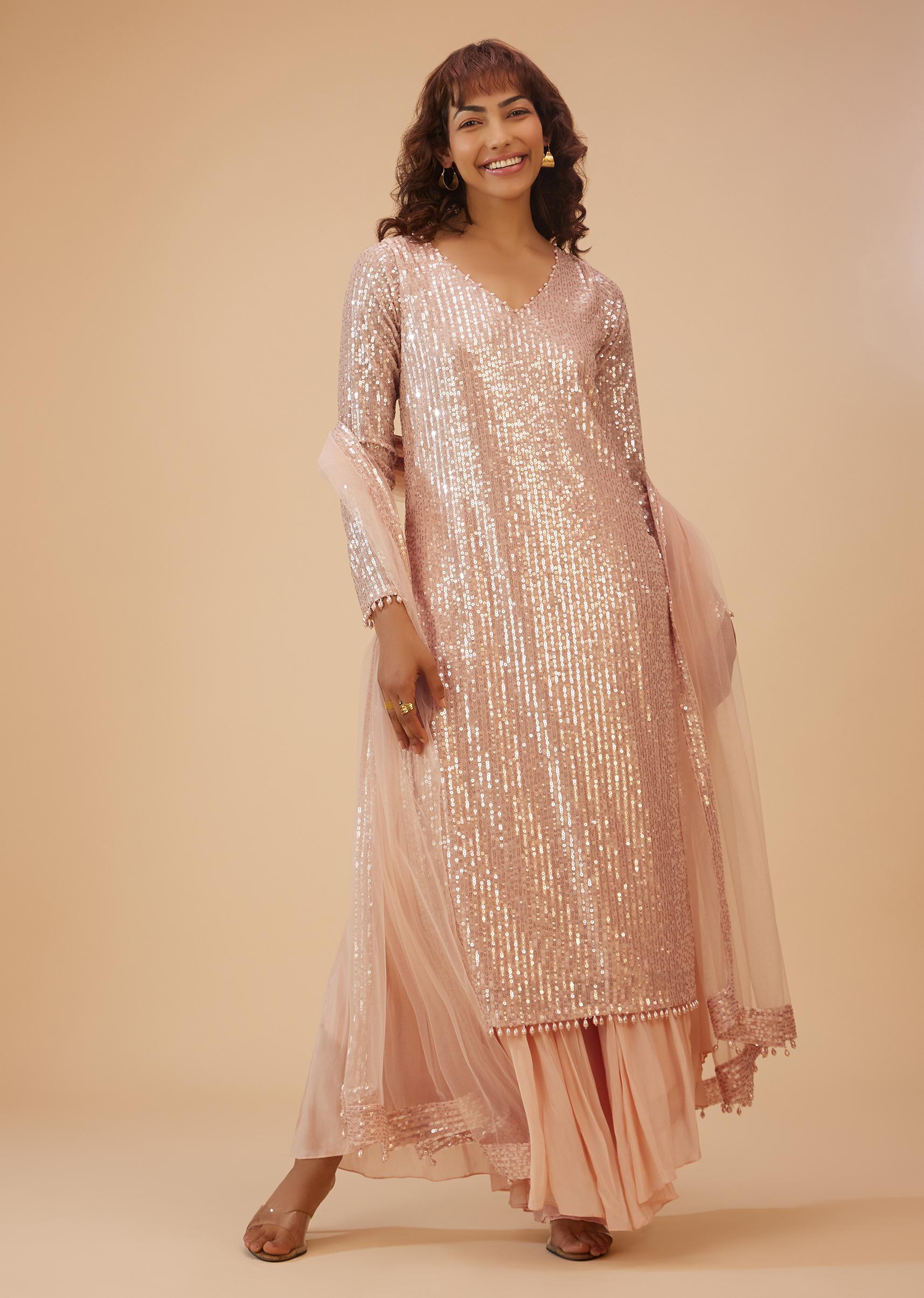 Kalki Fashion,SG117888,Salmon Pink Palazzo Suit In Sequins