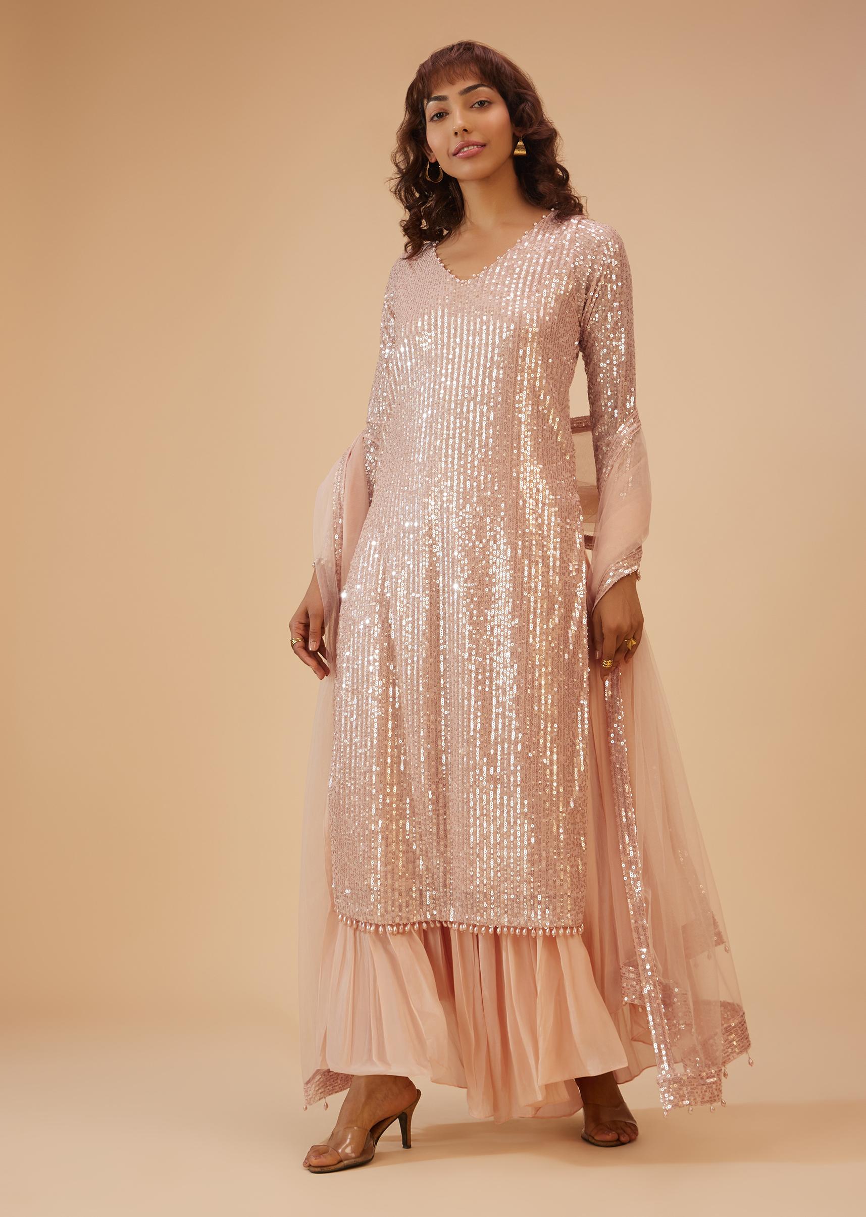 Kalki Fashion,SG117888,Salmon Pink Palazzo Suit In Sequins