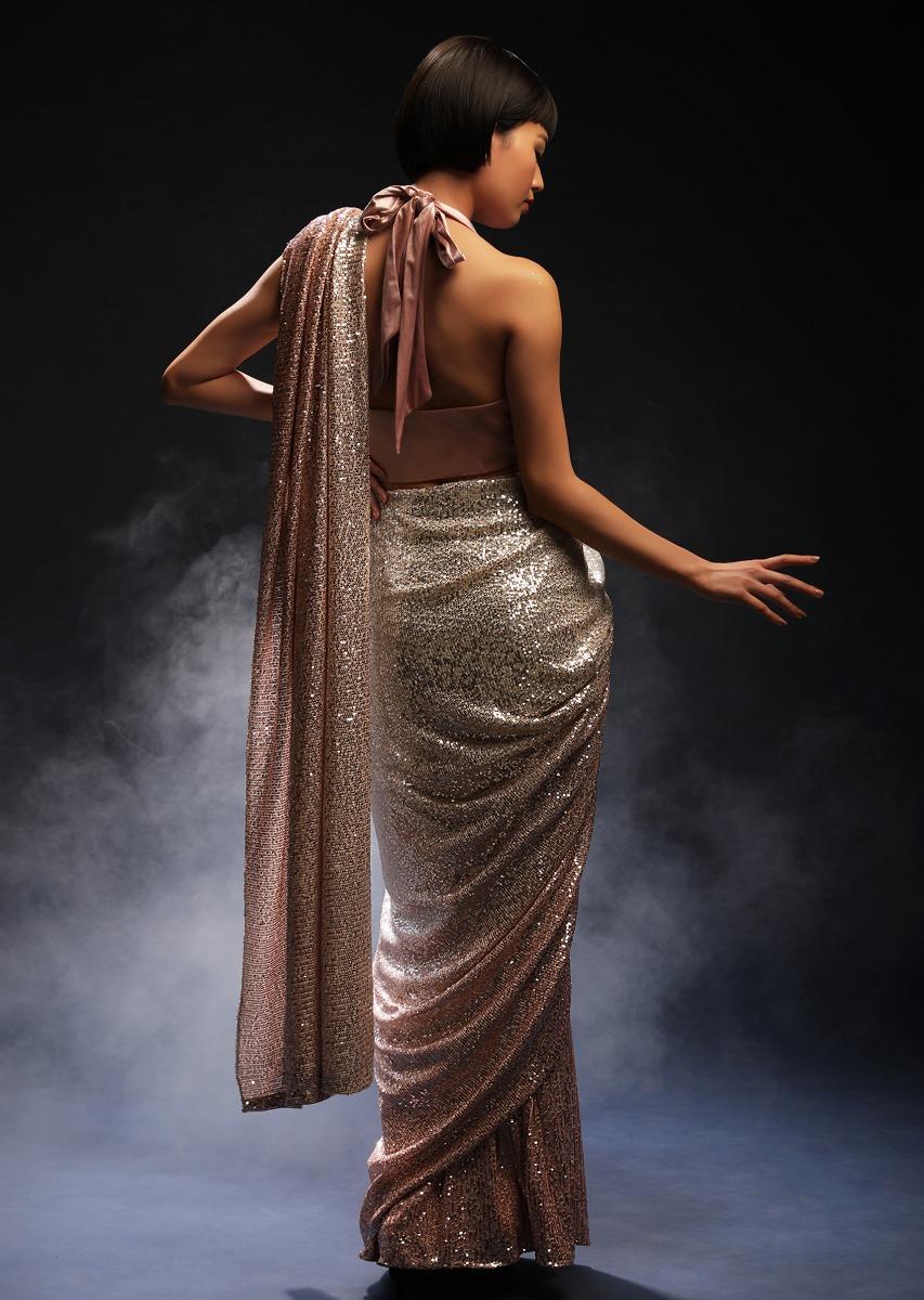 Kalki Fashion,M001RA363Y-SG51006,Silver And Pink Ombre Ready Pleated Saree Embellished In Sequins With Pink Halter Neck Velvet Blouse