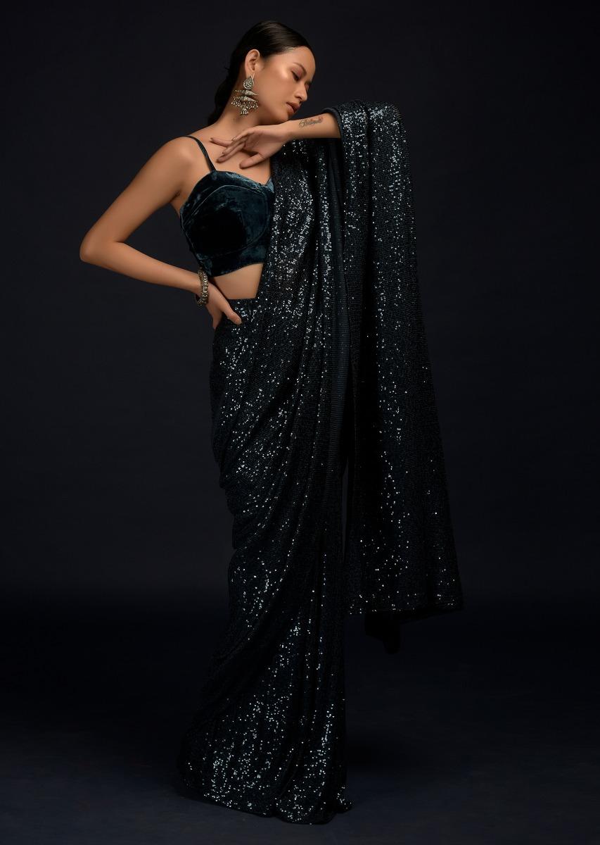 Kalki Fashion,M001M470Y-SG55494,Teal Blue Ready Pleated Saree Embellished In Sequins With A Matching Velvet Blouse With Corset Neckline