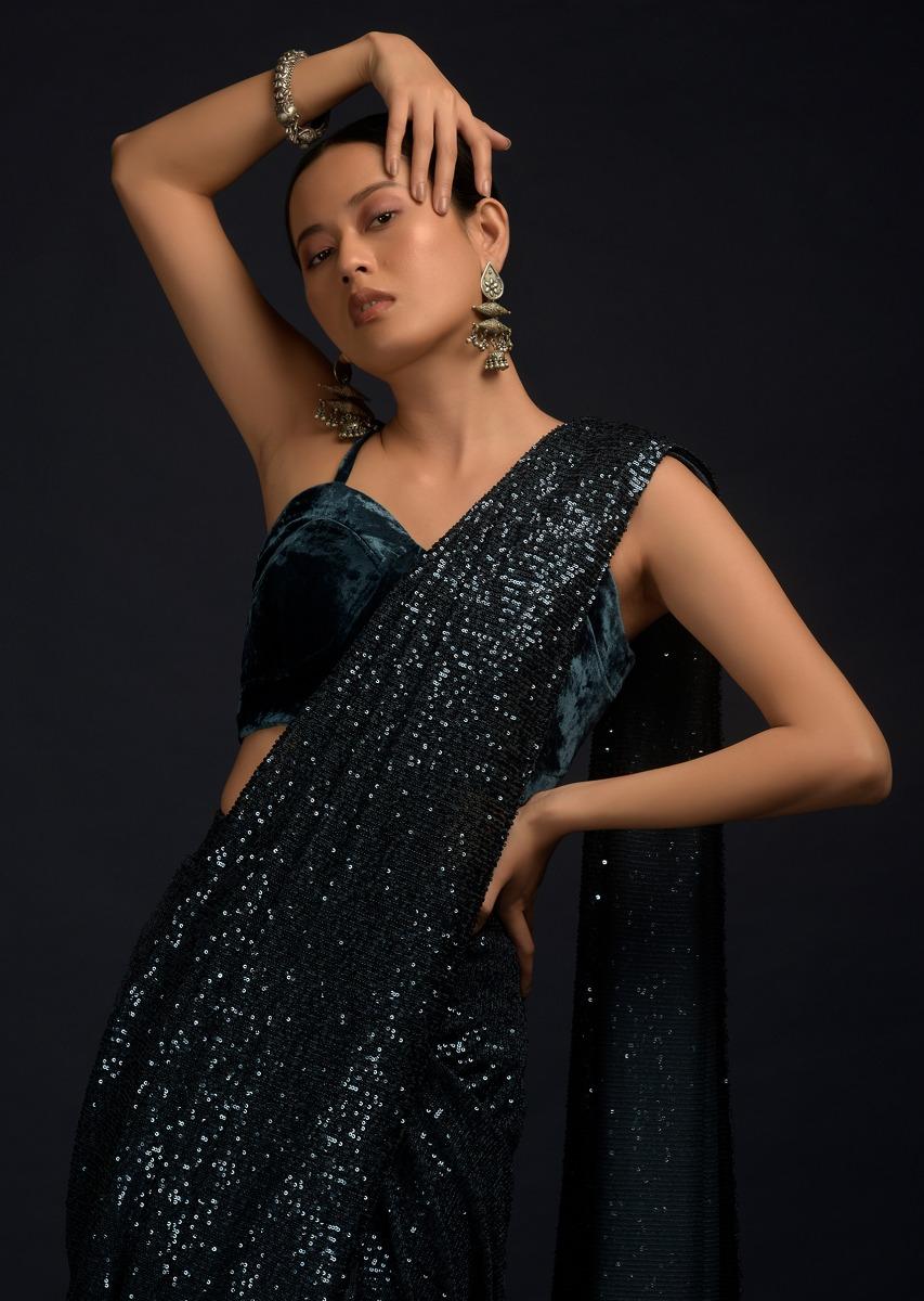 Kalki Fashion,M001M470Y-SG55494,Teal Blue Ready Pleated Saree Embellished In Sequins With A Matching Velvet Blouse With Corset Neckline