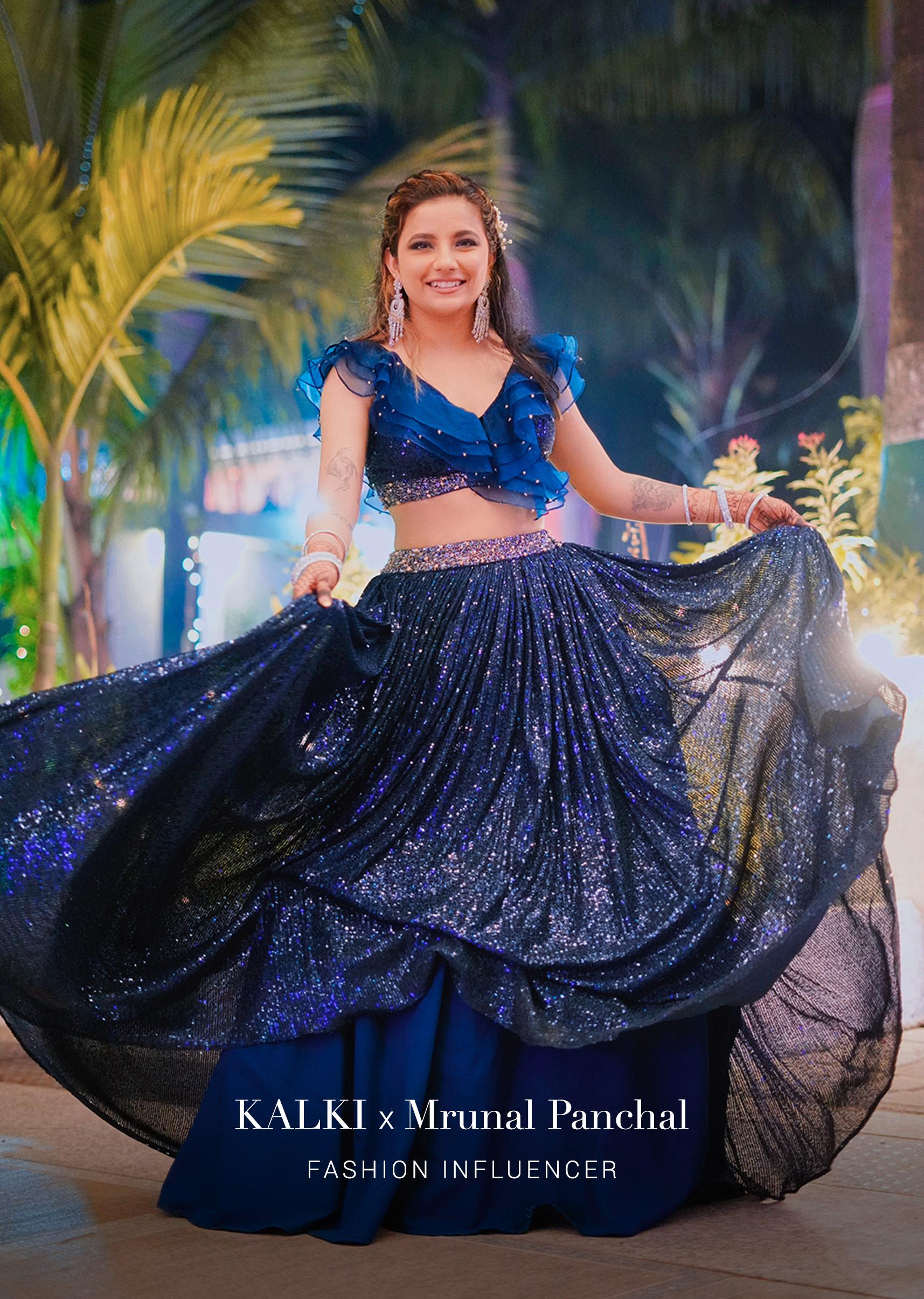 Kalki Fashion,M001RA431Y-SG58566,Teal Lehenga Embellished In Sequins Paired With A Ruffled Crop Top Adorned In Cut Dana And Moti Work