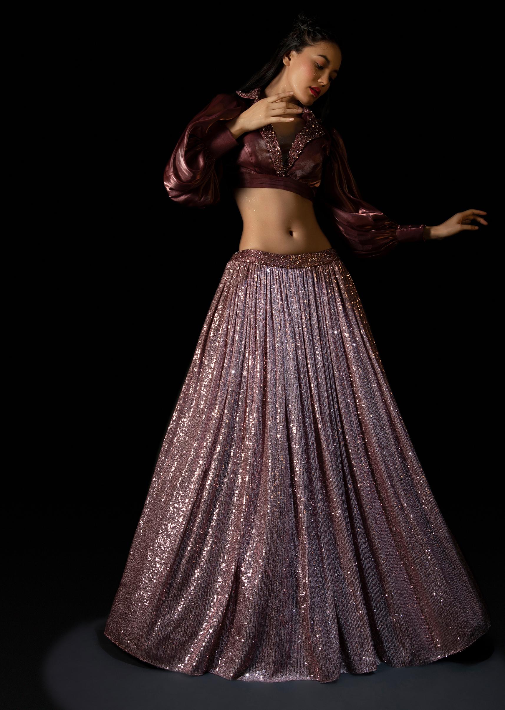 Kalki Fashion,M001RA536Y-SG69956,Vintage Rose Pink Sequins Lehenga With A Balloon Sleeves Crop Top Featuring Embroidered Lapel Collar Neckline