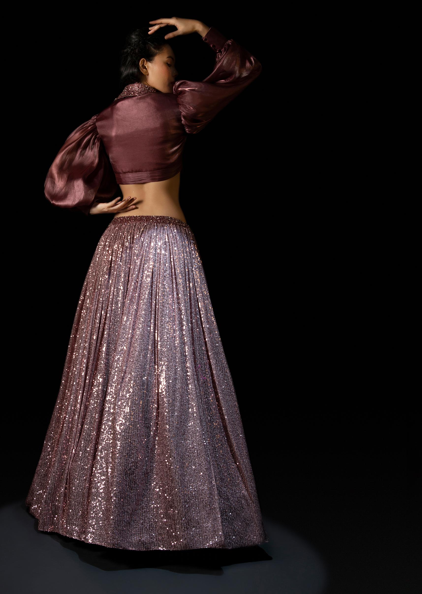 Kalki Fashion,M001RA536Y-SG69956,Vintage Rose Pink Sequins Lehenga With A Balloon Sleeves Crop Top Featuring Embroidered Lapel Collar Neckline