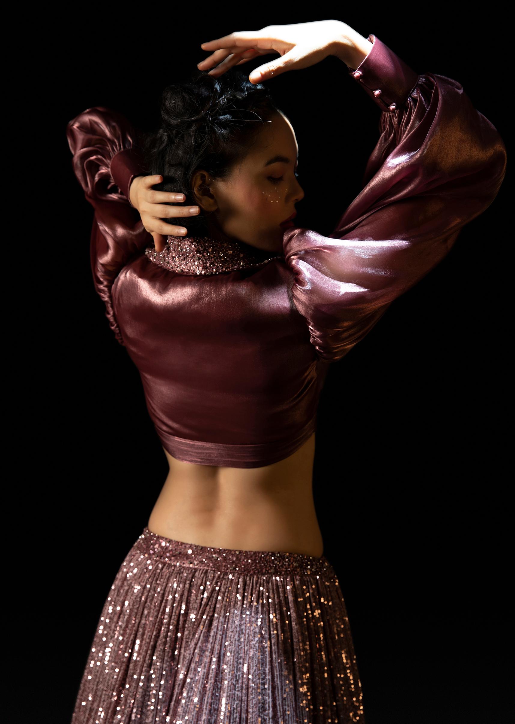 Kalki Fashion,M001RA536Y-SG69956,Vintage Rose Pink Sequins Lehenga With A Balloon Sleeves Crop Top Featuring Embroidered Lapel Collar Neckline