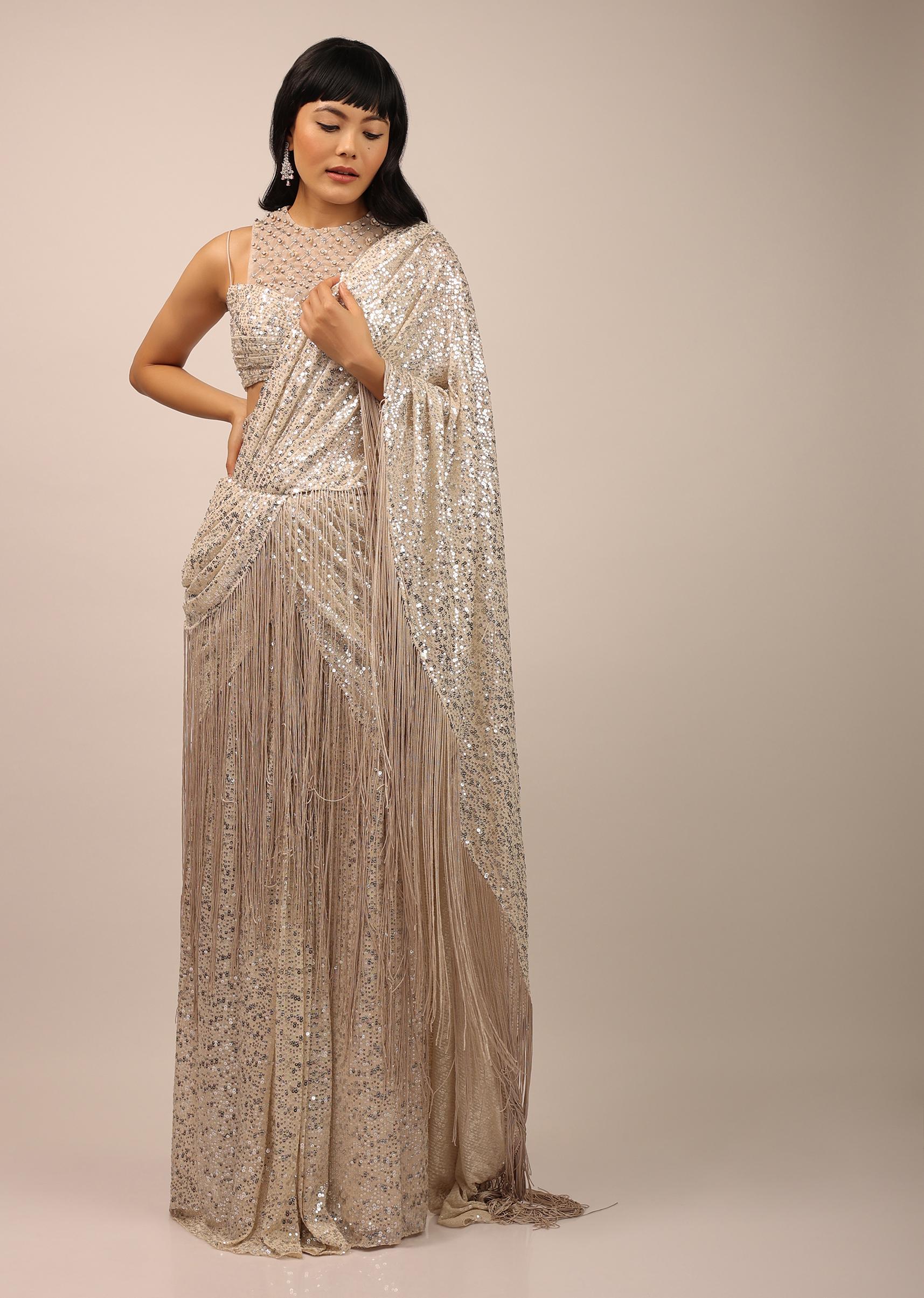 Kalki Fashion,SG102914,White Sequins Saree With A Fringe Border And Blouse With A Fancy Neckline