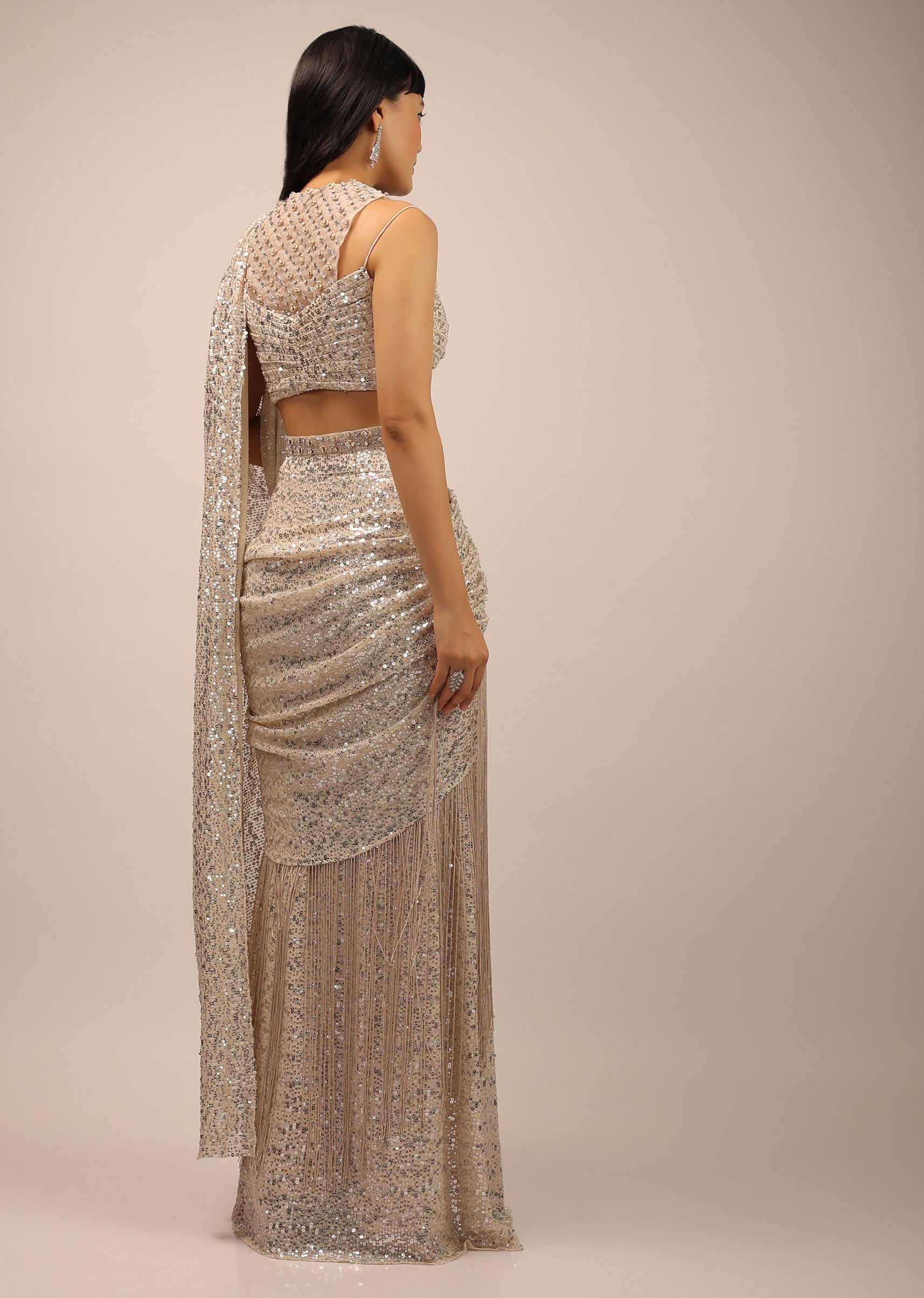 Kalki Fashion,SG102914,White Sequins Saree With A Fringe Border And Blouse With A Fancy Neckline