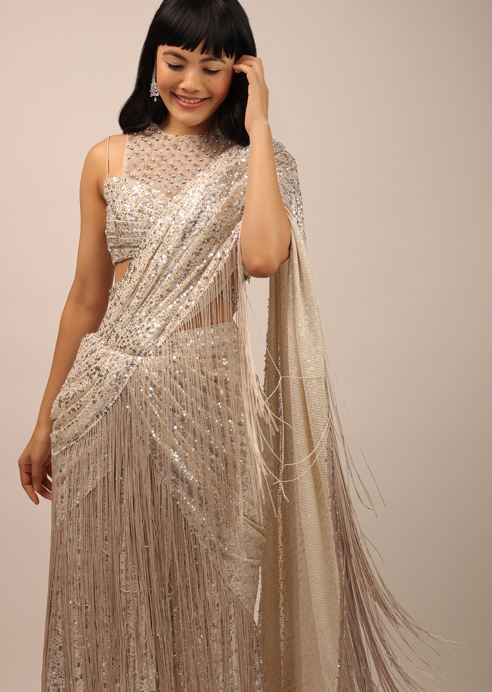 Kalki Fashion,SG102914,White Sequins Saree With A Fringe Border And Blouse With A Fancy Neckline