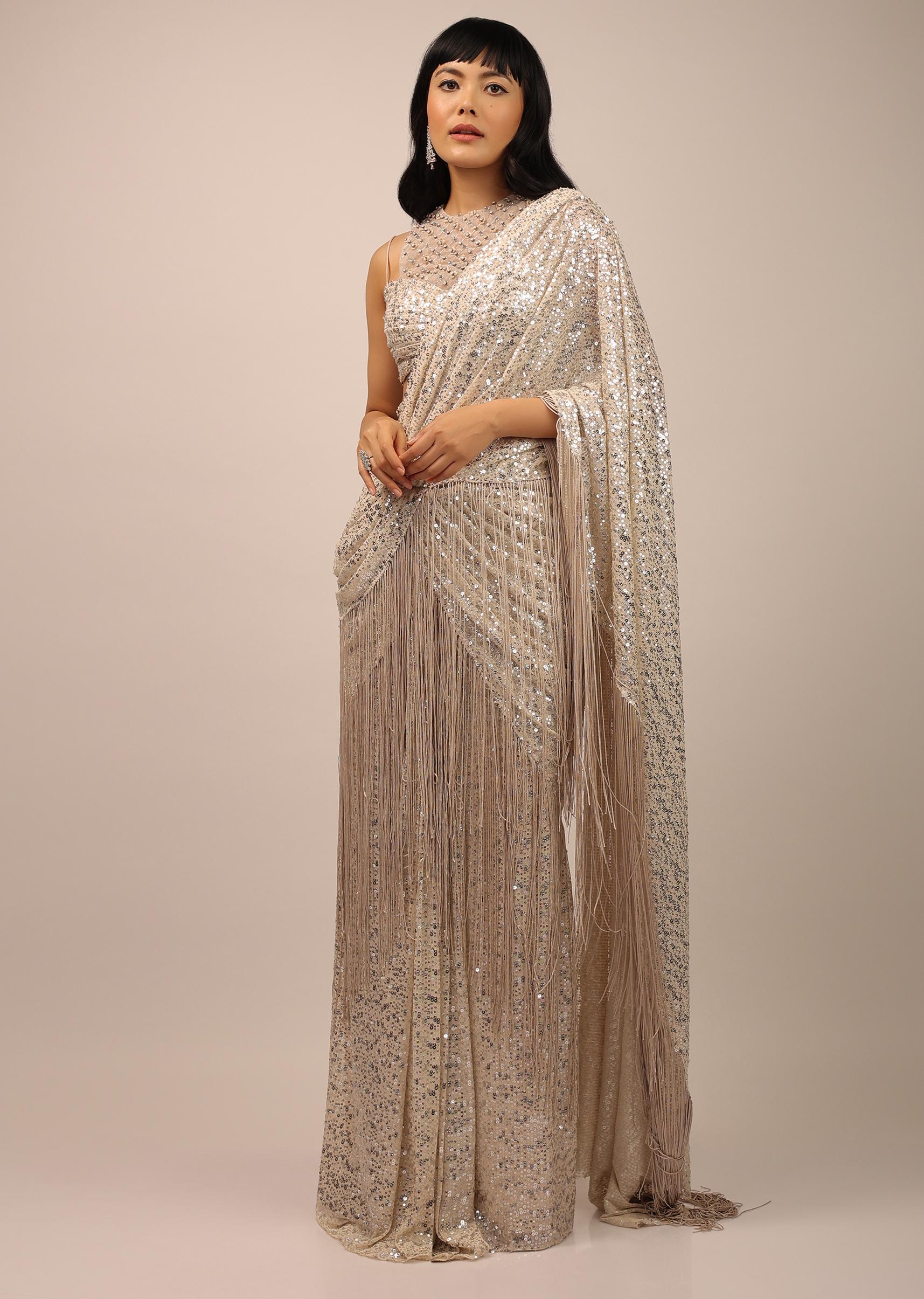 Kalki Fashion,SG102914,White Sequins Saree With A Fringe Border And Blouse With A Fancy Neckline