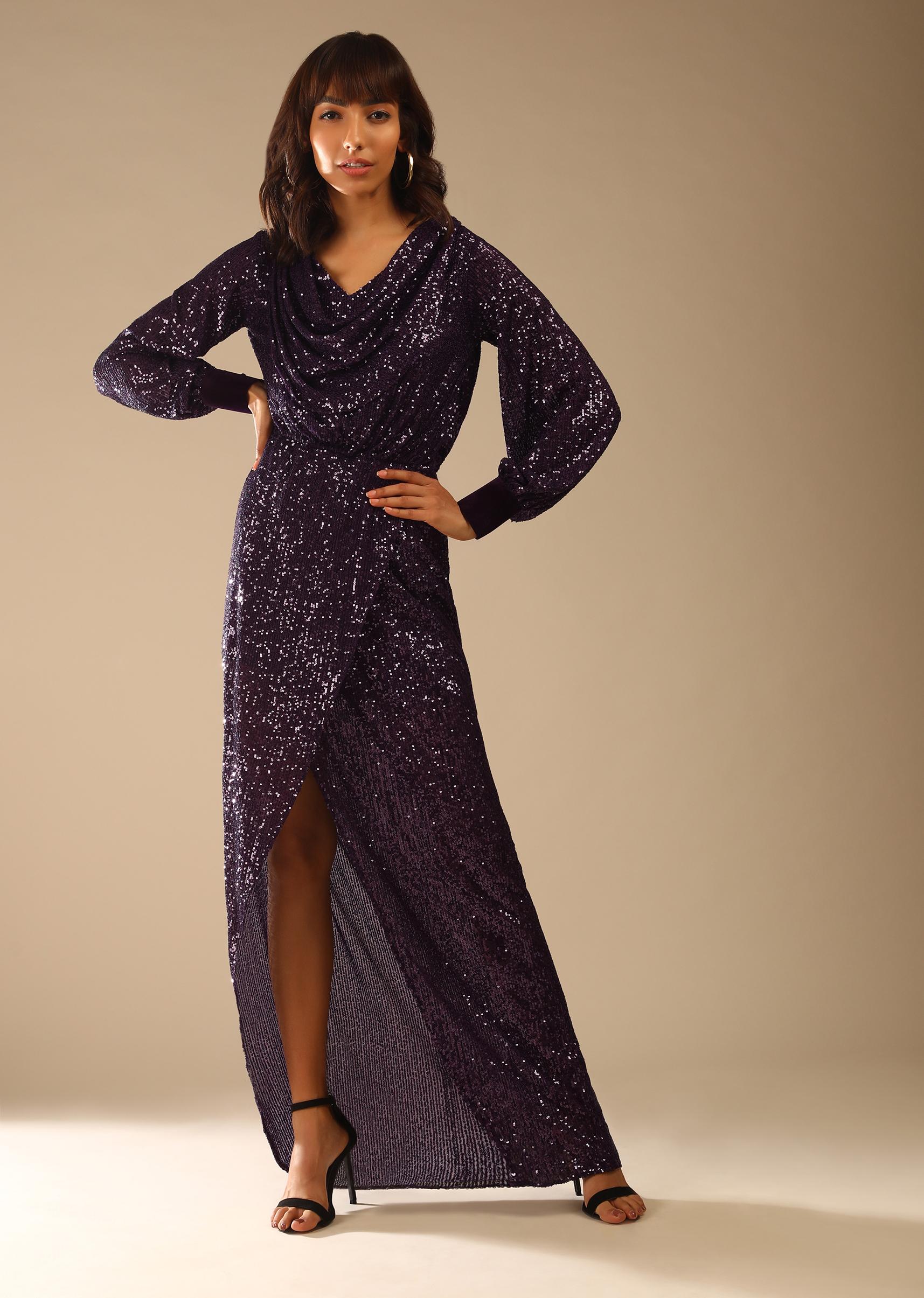 Kalki Fashion,M001TR363Y-SG66849,Wine Purple Gown Embellished In Sequins With Cowl Neckline And Peasant Sleeves