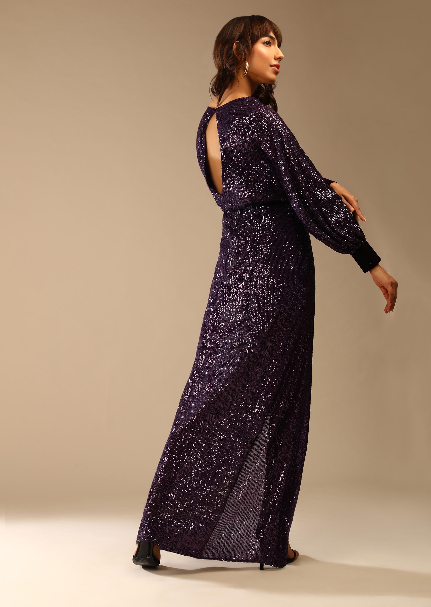 Kalki Fashion,M001TR363Y-SG66849,Wine Purple Gown Embellished In Sequins With Cowl Neckline And Peasant Sleeves