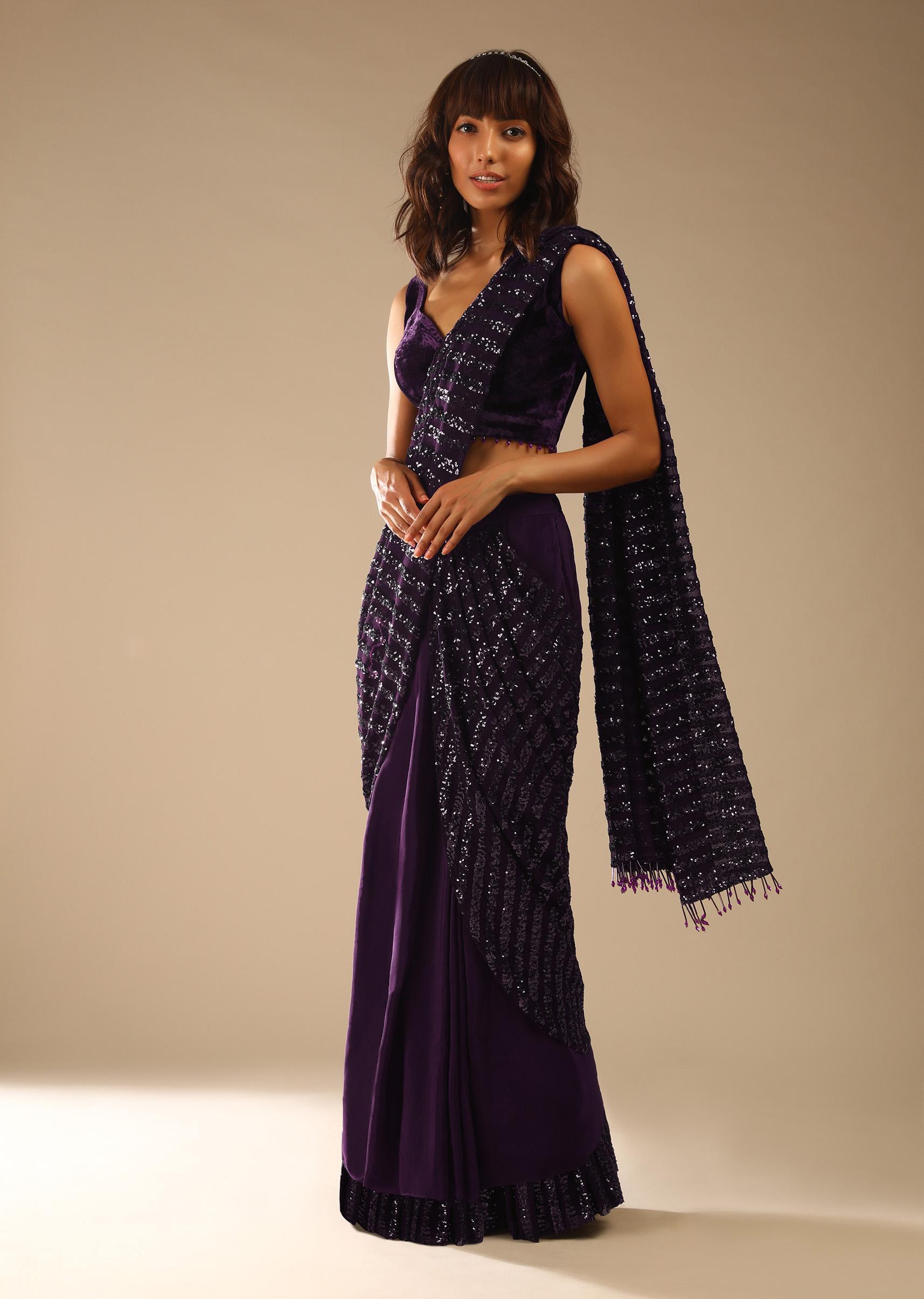 Kalki Fashion,M001RA442Y-SG61953,Wine Purple Ready Pleated Saree In Crepe With Striped Sequins Pallu And Matching Velvet Blouse With Bead Tassels