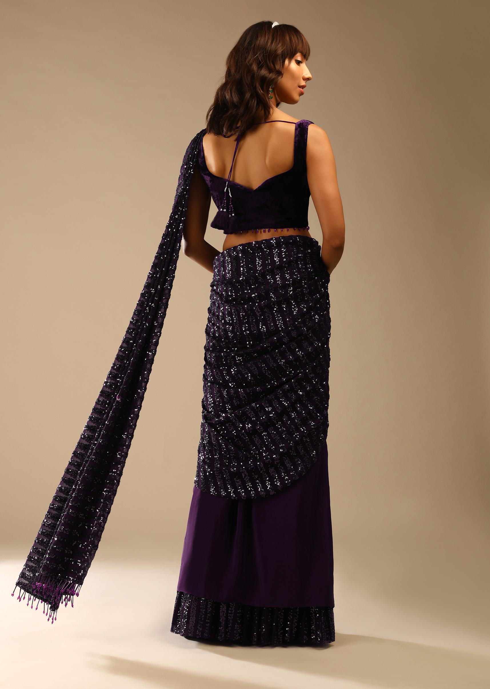 Kalki Fashion,M001RA442Y-SG61953,Wine Purple Ready Pleated Saree In Crepe With Striped Sequins Pallu And Matching Velvet Blouse With Bead Tassels