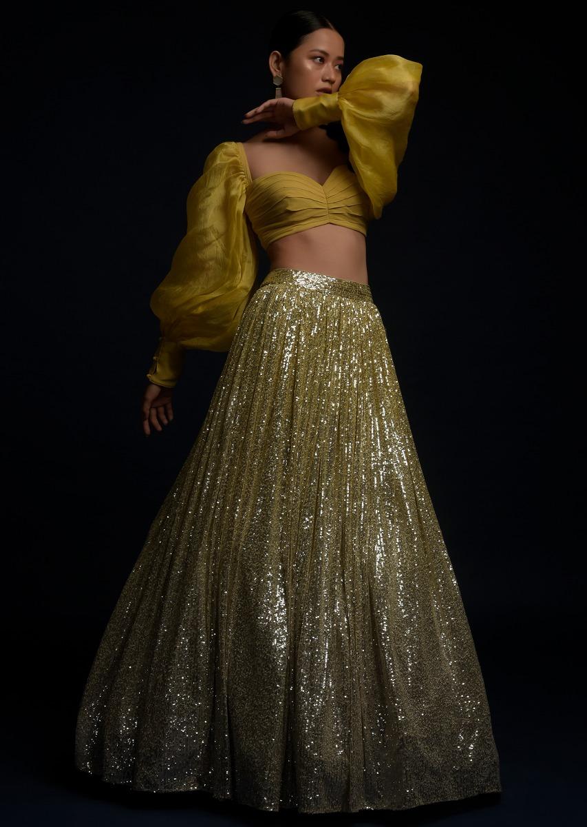 Kalki Fashion,M001TR335Y-SG59720,Yellow And Silver Ombre Lehenga Embellished In Sequins And Matching Organza Blouse With Fancy Puffed Sleeves