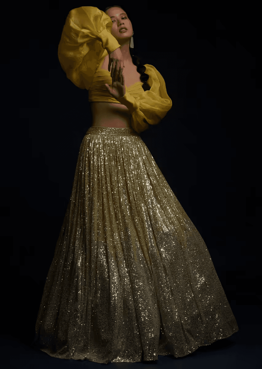 Kalki Fashion,M001TR335Y-SG59720,Yellow And Silver Ombre Lehenga Embellished In Sequins And Matching Organza Blouse With Fancy Puffed Sleeves