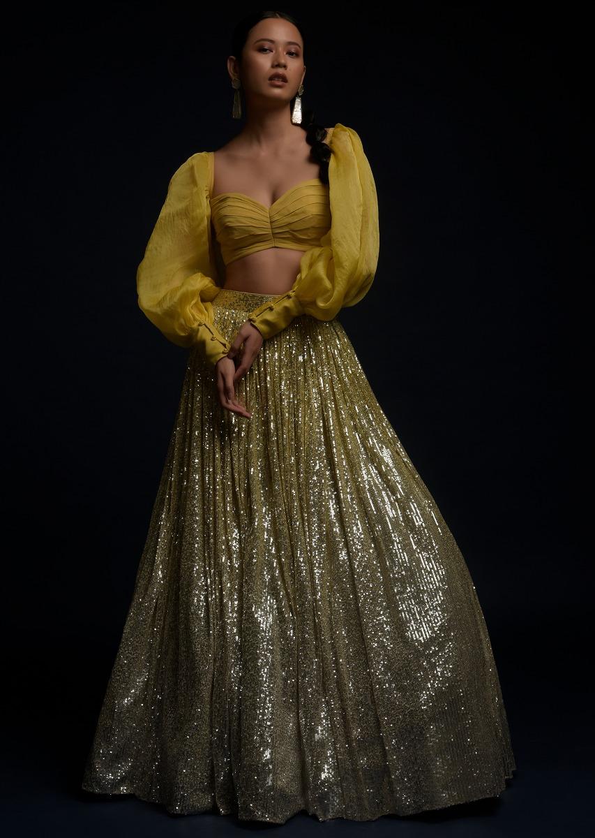 Kalki Fashion,M001TR335Y-SG59720,Yellow And Silver Ombre Lehenga Embellished In Sequins And Matching Organza Blouse With Fancy Puffed Sleeves