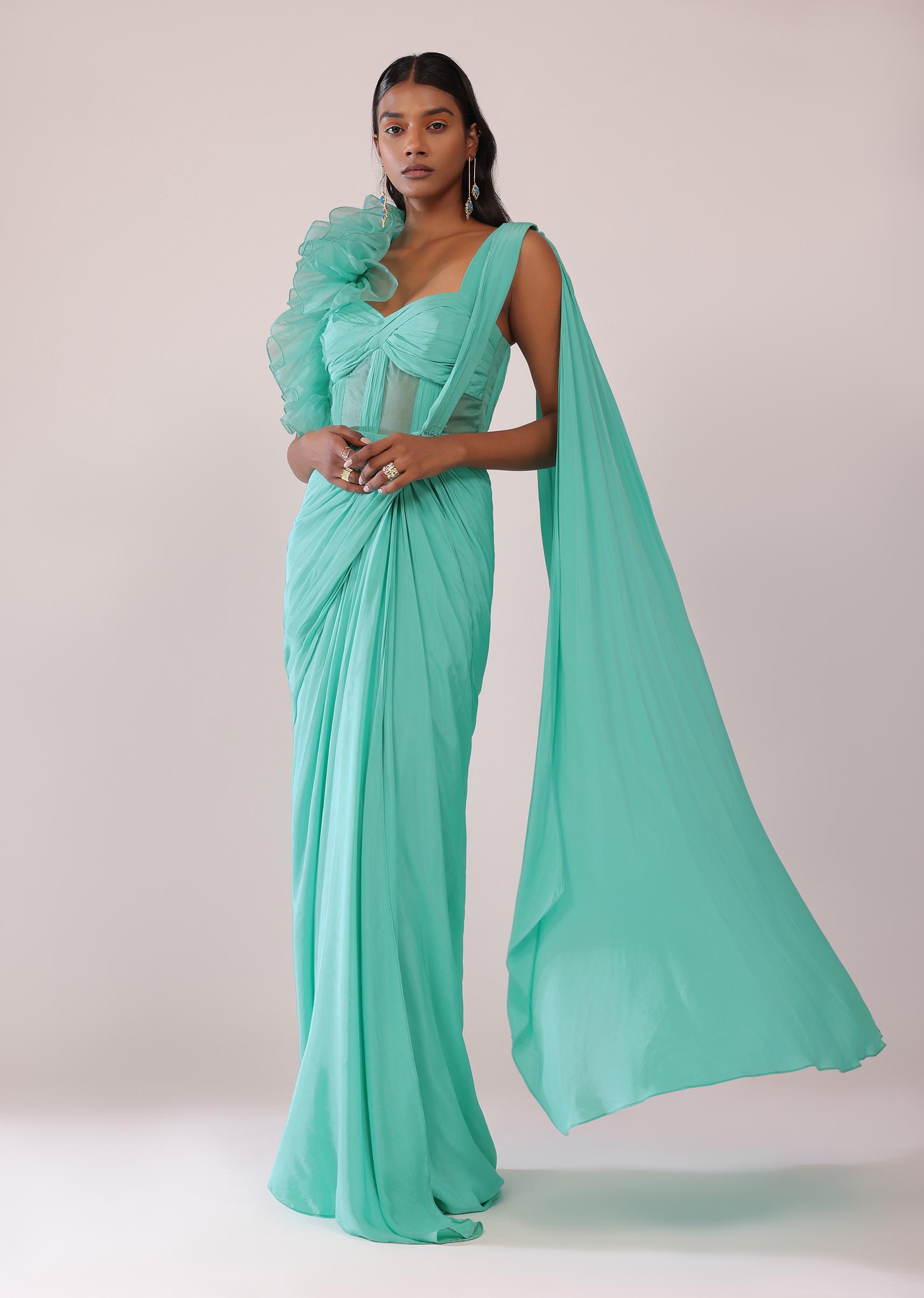 Kalki Fashion,SG149470,Aqua Green Saree Gown In Crepe With One Side Organza Ruffle