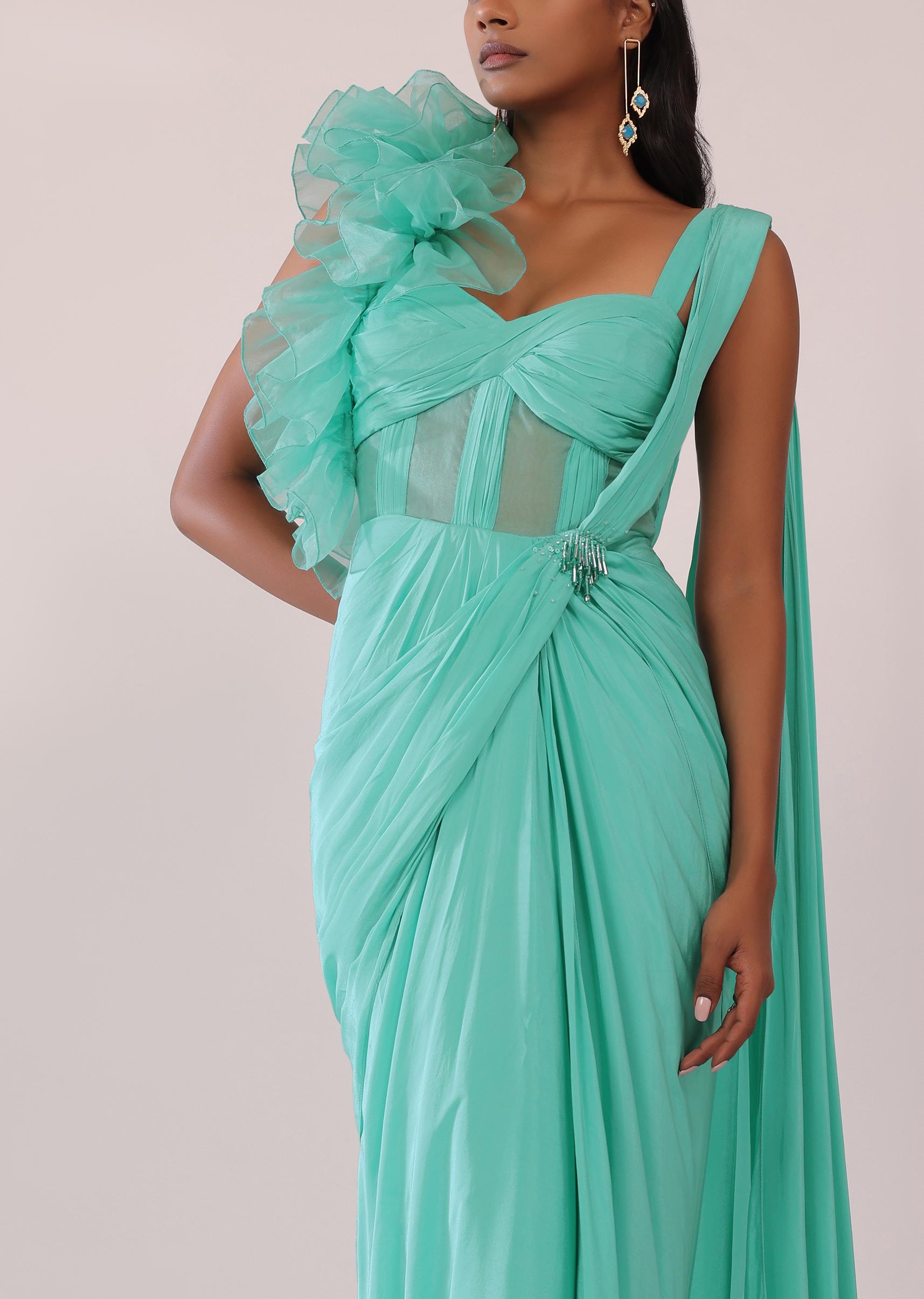 Kalki Fashion,SG149470,Aqua Green Saree Gown In Crepe With One Side Organza Ruffle