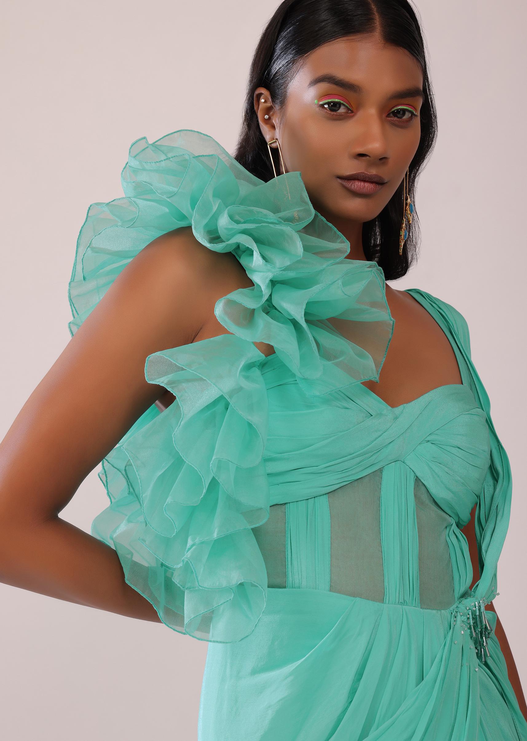 Kalki Fashion,SG149470,Aqua Green Saree Gown In Crepe With One Side Organza Ruffle