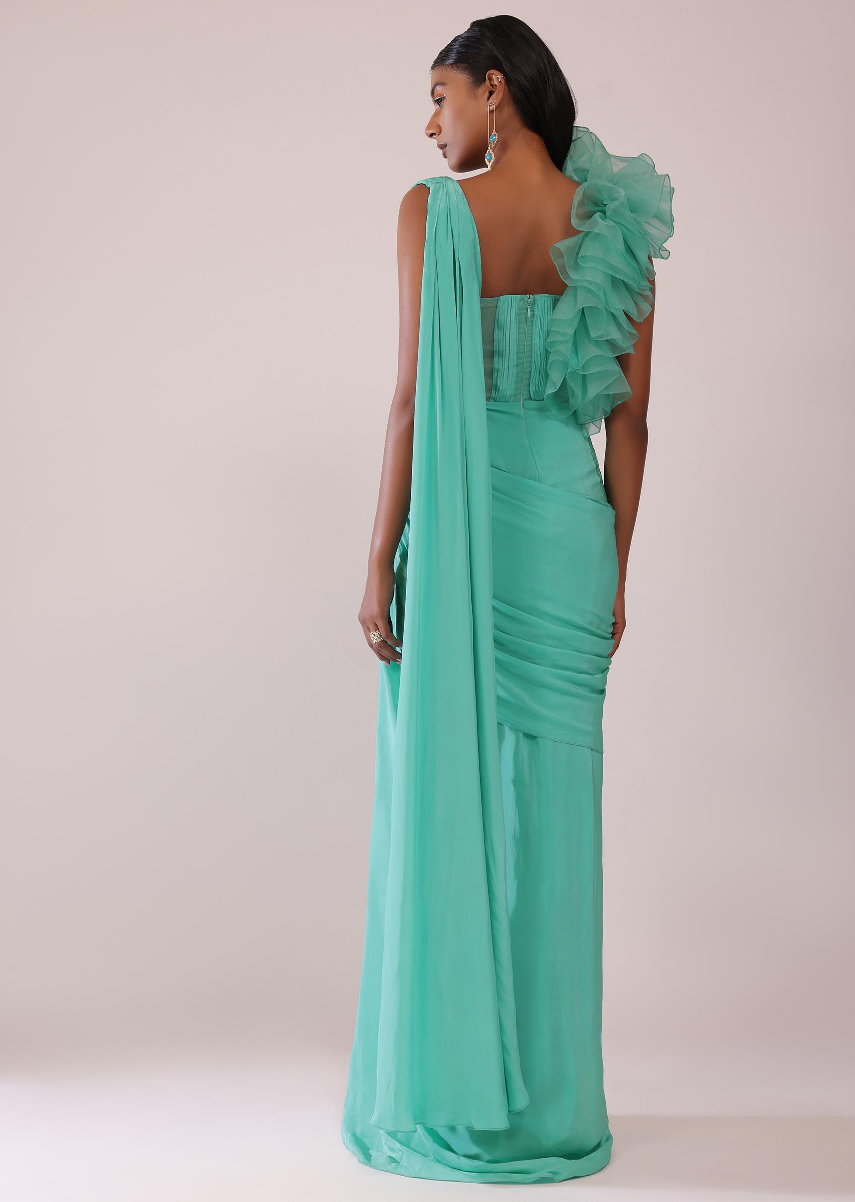 Kalki Fashion,SG149470,Aqua Green Saree Gown In Crepe With One Side Organza Ruffle