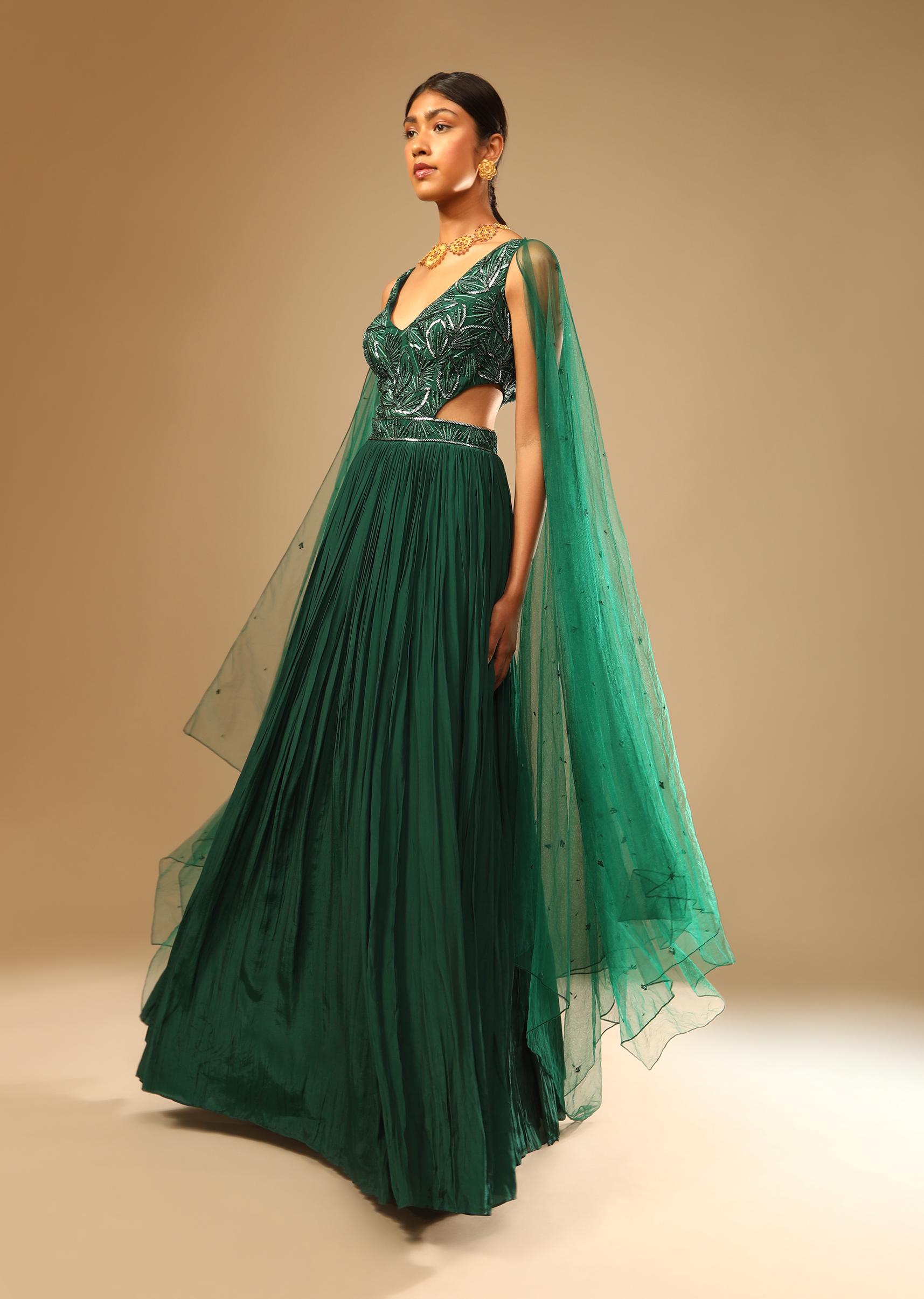 Kalki Fashion,M001G3011Y-SG73164,Bottle Green Gown In Crepe With Side Cut Outs In The Hand Embroidered Bodice