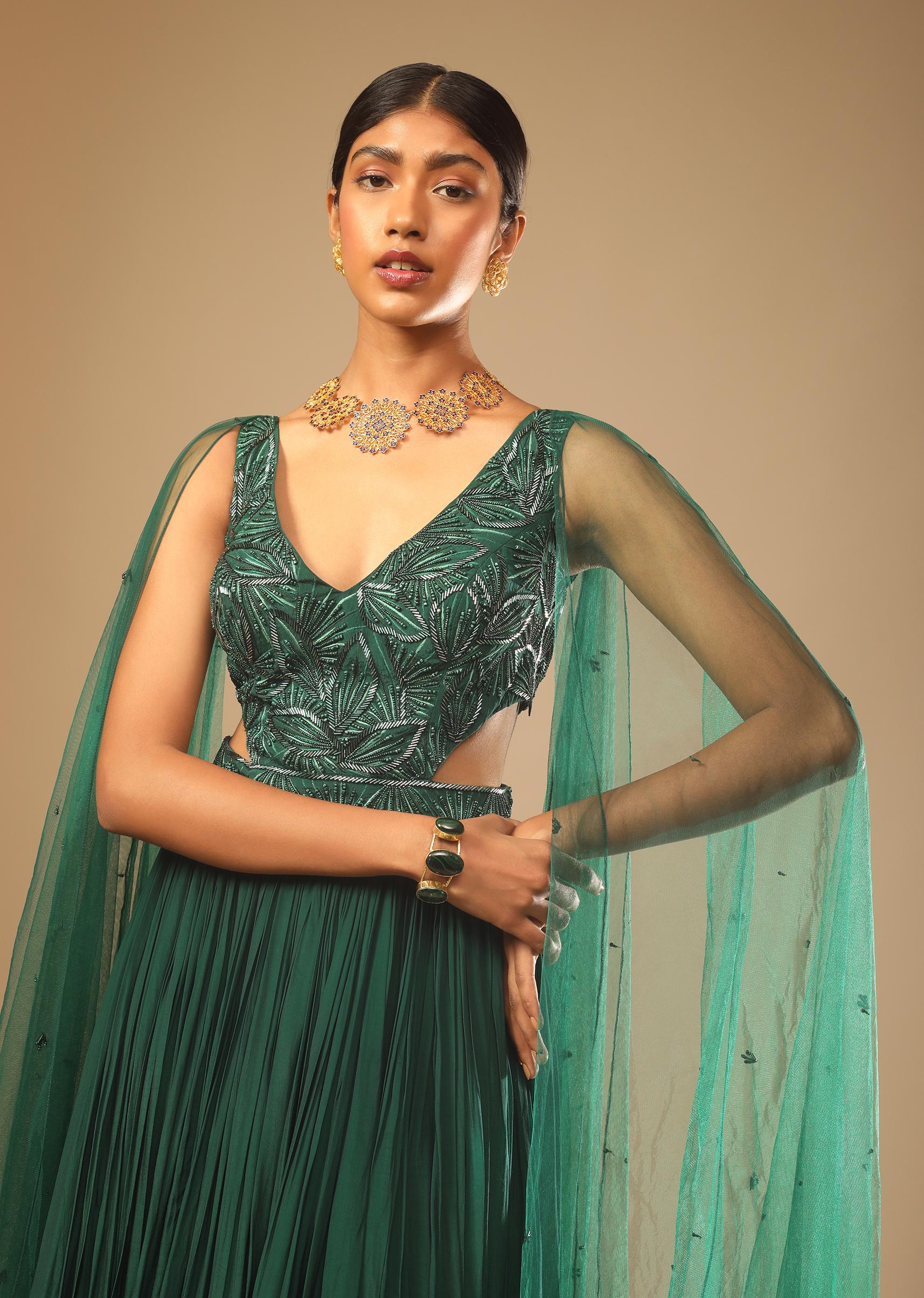 Kalki Fashion,M001G3011Y-SG73164,Bottle Green Gown In Crepe With Side Cut Outs In The Hand Embroidered Bodice