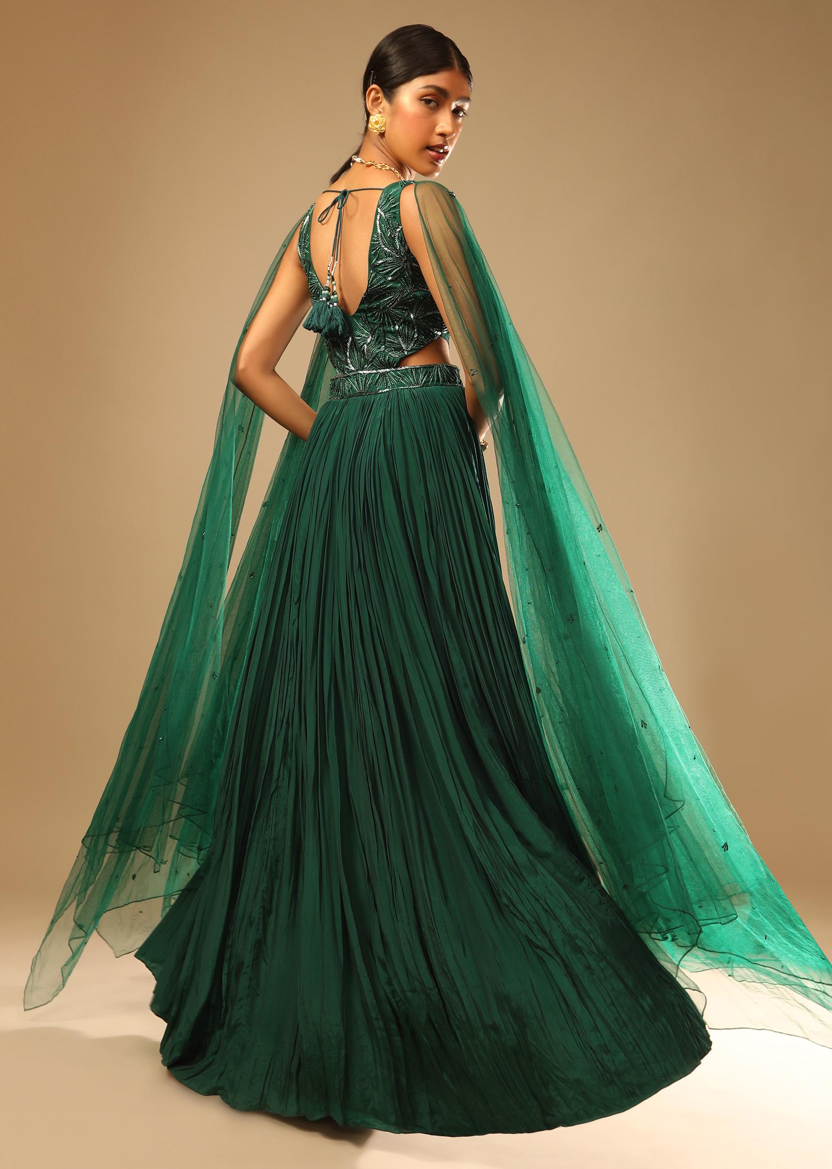 Kalki Fashion,M001G3011Y-SG73164,Bottle Green Gown In Crepe With Side Cut Outs In The Hand Embroidered Bodice