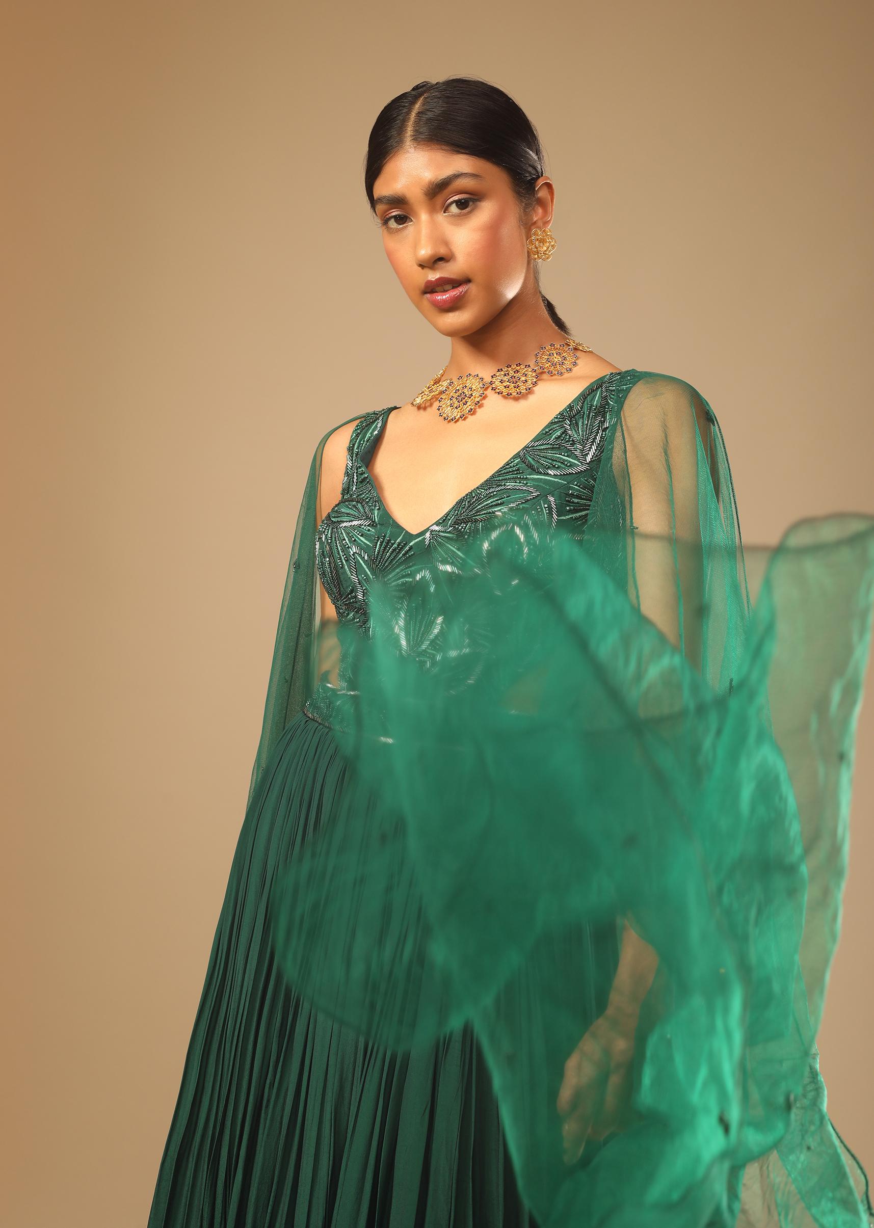 Kalki Fashion,M001G3011Y-SG73164,Bottle Green Gown In Crepe With Side Cut Outs In The Hand Embroidered Bodice