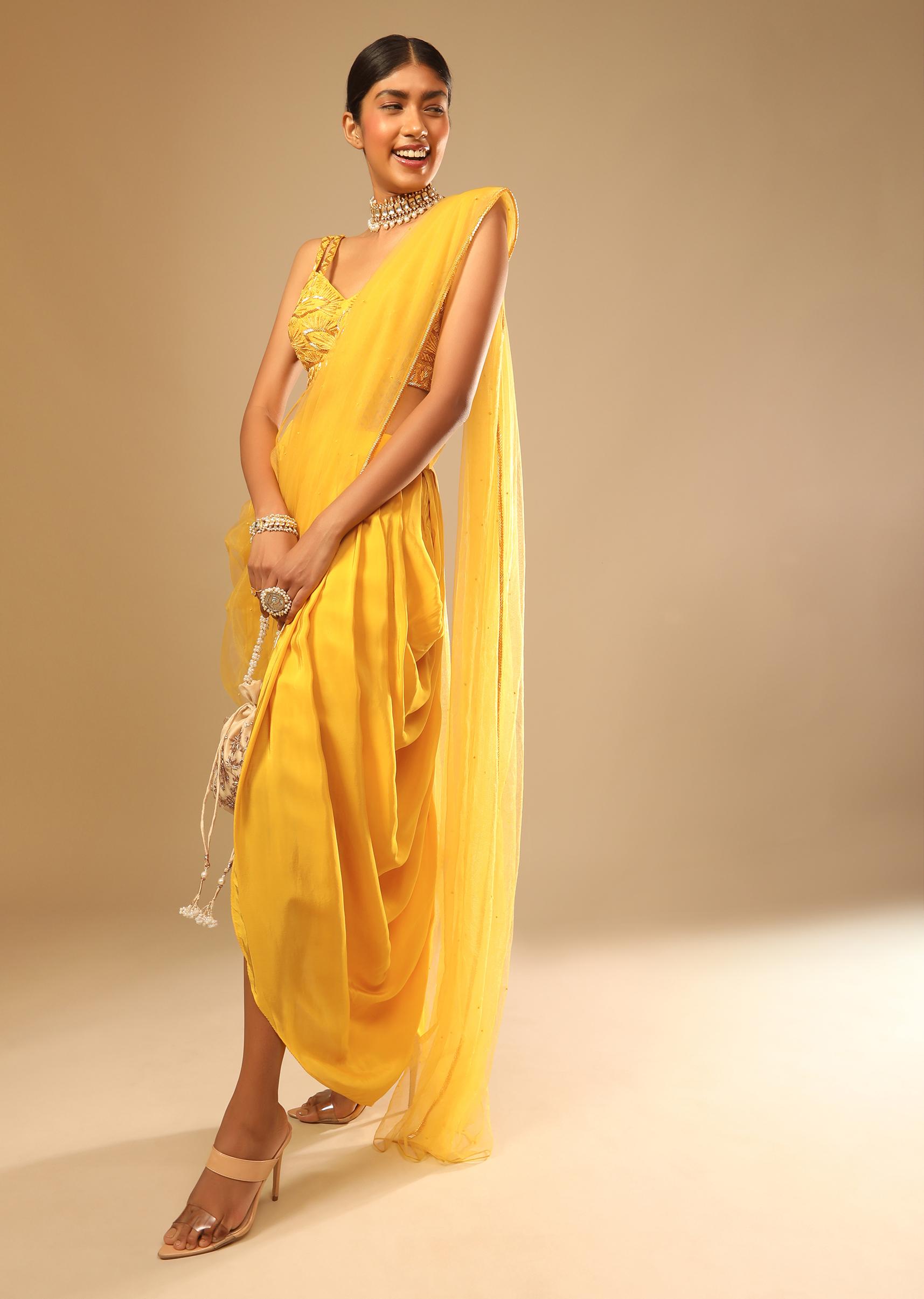 Kalki Fashion,M001G3013Y-SG73709,Corn Yellow Dhoti And Crop Top Suit With Hand Embroidered Leaf Motifs And A Matching Dupatta