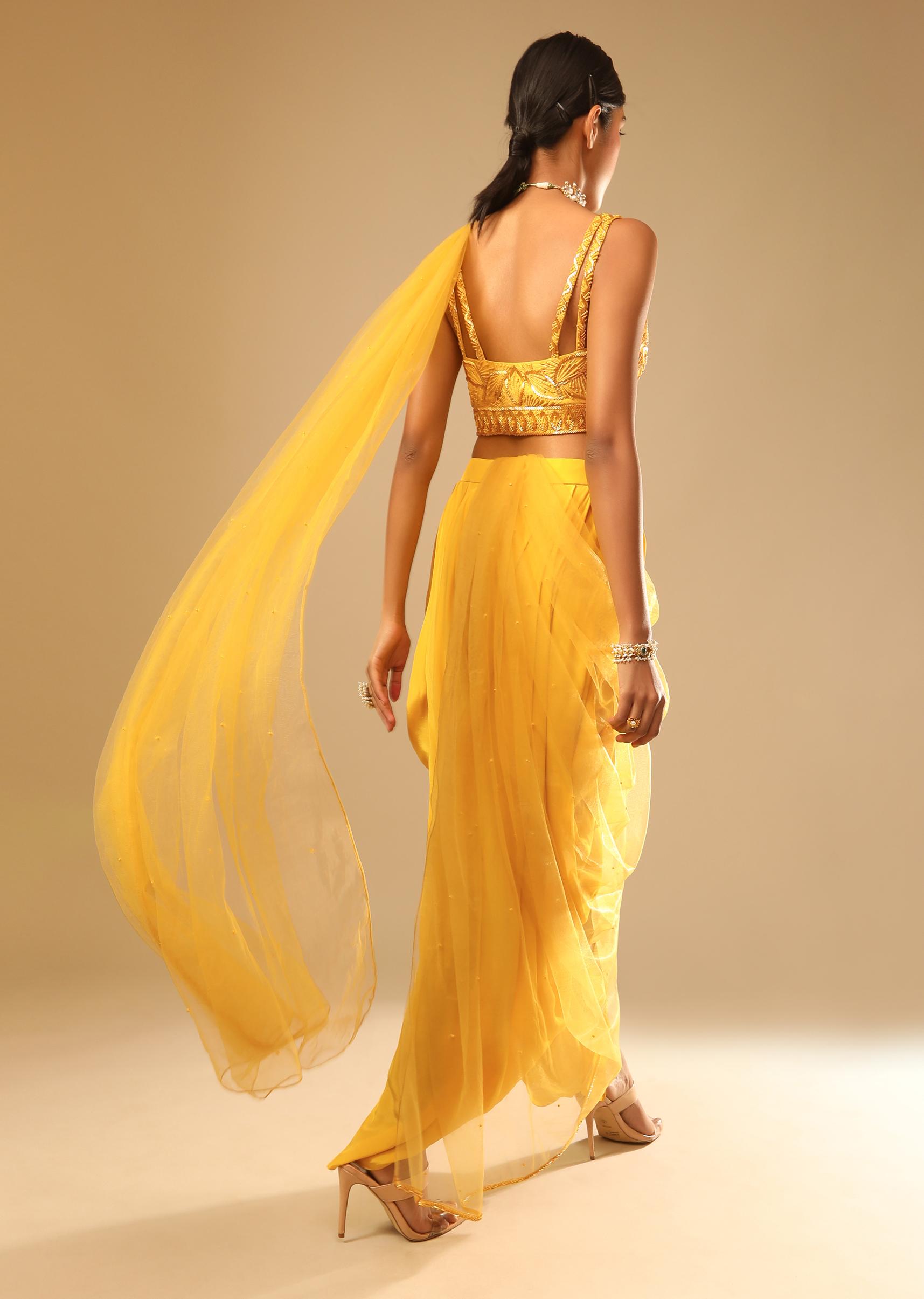 Kalki Fashion,M001G3013Y-SG73709,Corn Yellow Dhoti And Crop Top Suit With Hand Embroidered Leaf Motifs And A Matching Dupatta