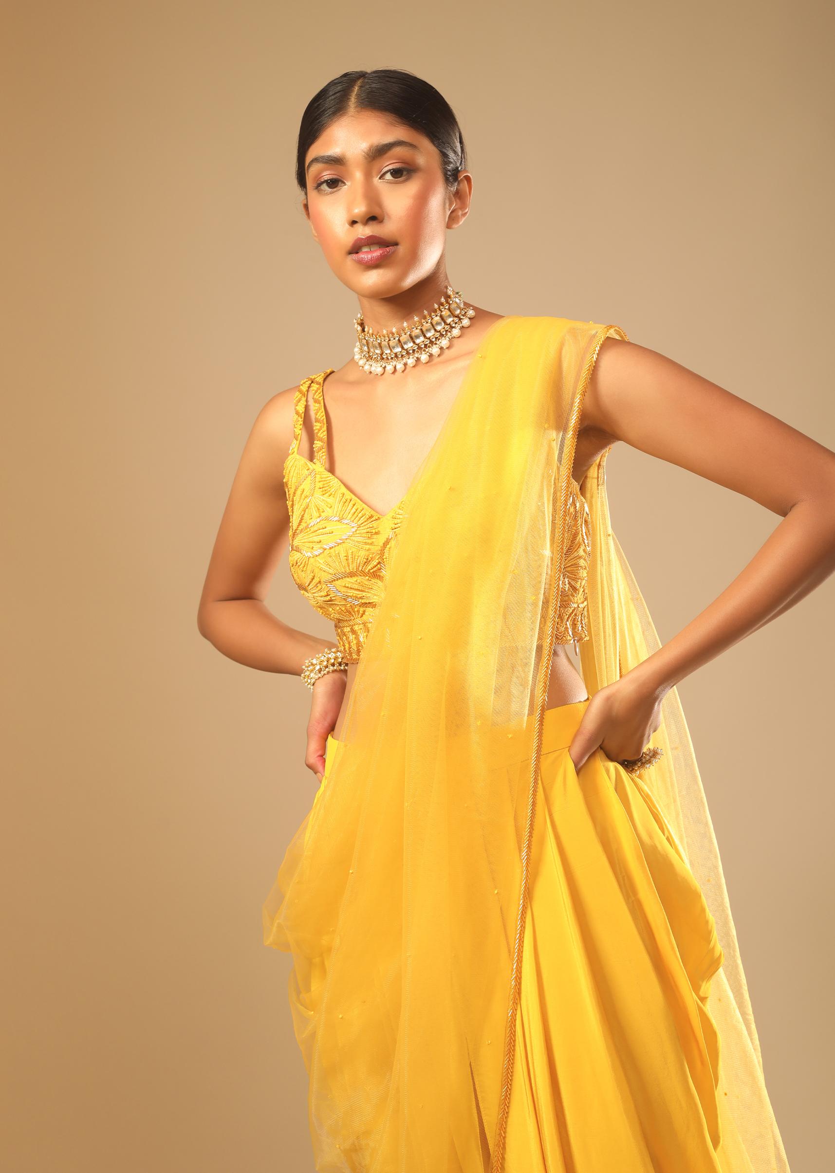 Kalki Fashion,M001G3013Y-SG73709,Corn Yellow Dhoti And Crop Top Suit With Hand Embroidered Leaf Motifs And A Matching Dupatta