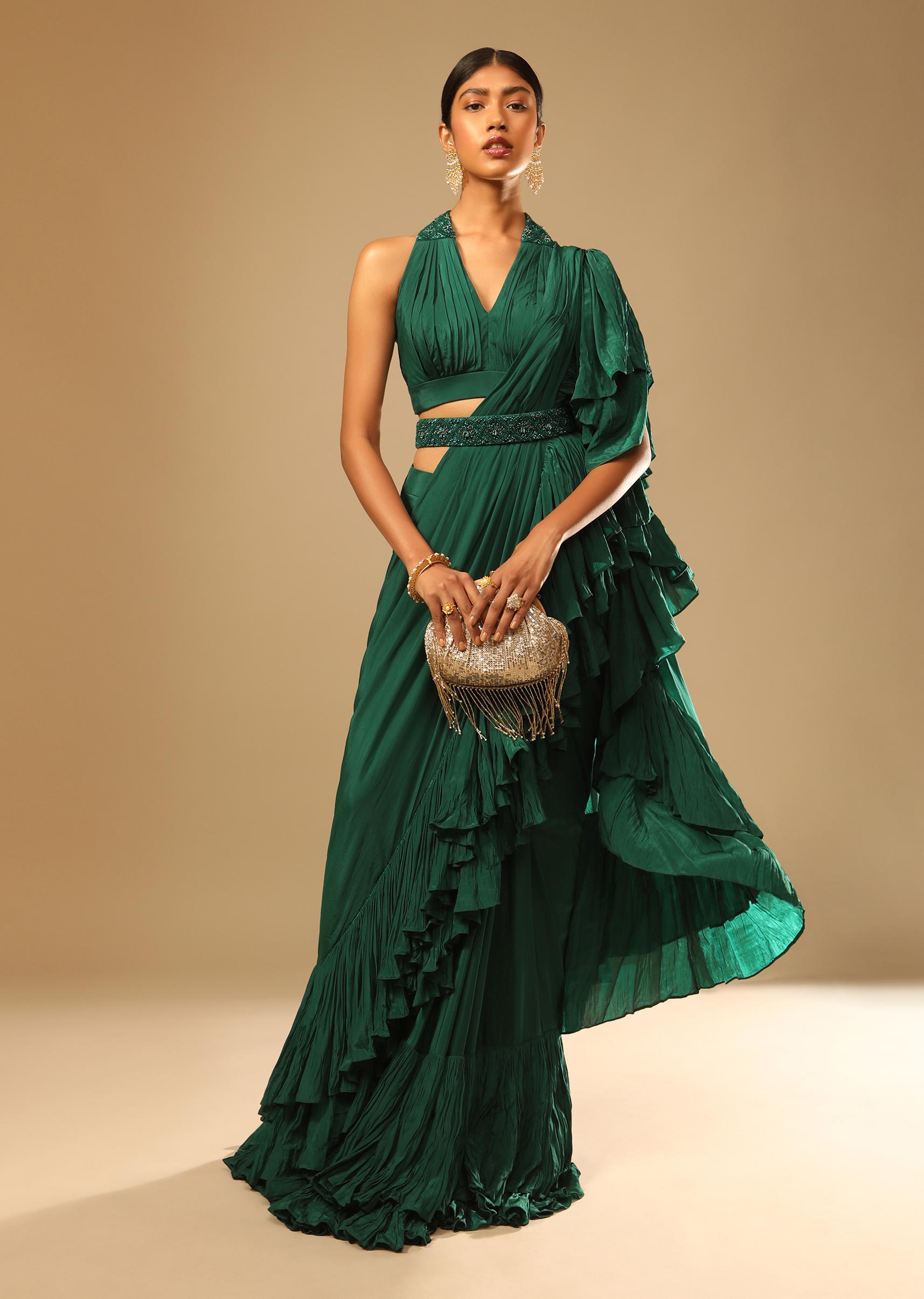 Kalki Fashion,M001RA530Y-SG73721,Emerald Green Ready Pleated Ruffle Saree With A Halter Neck Blouse And 3D Embroidered Belt