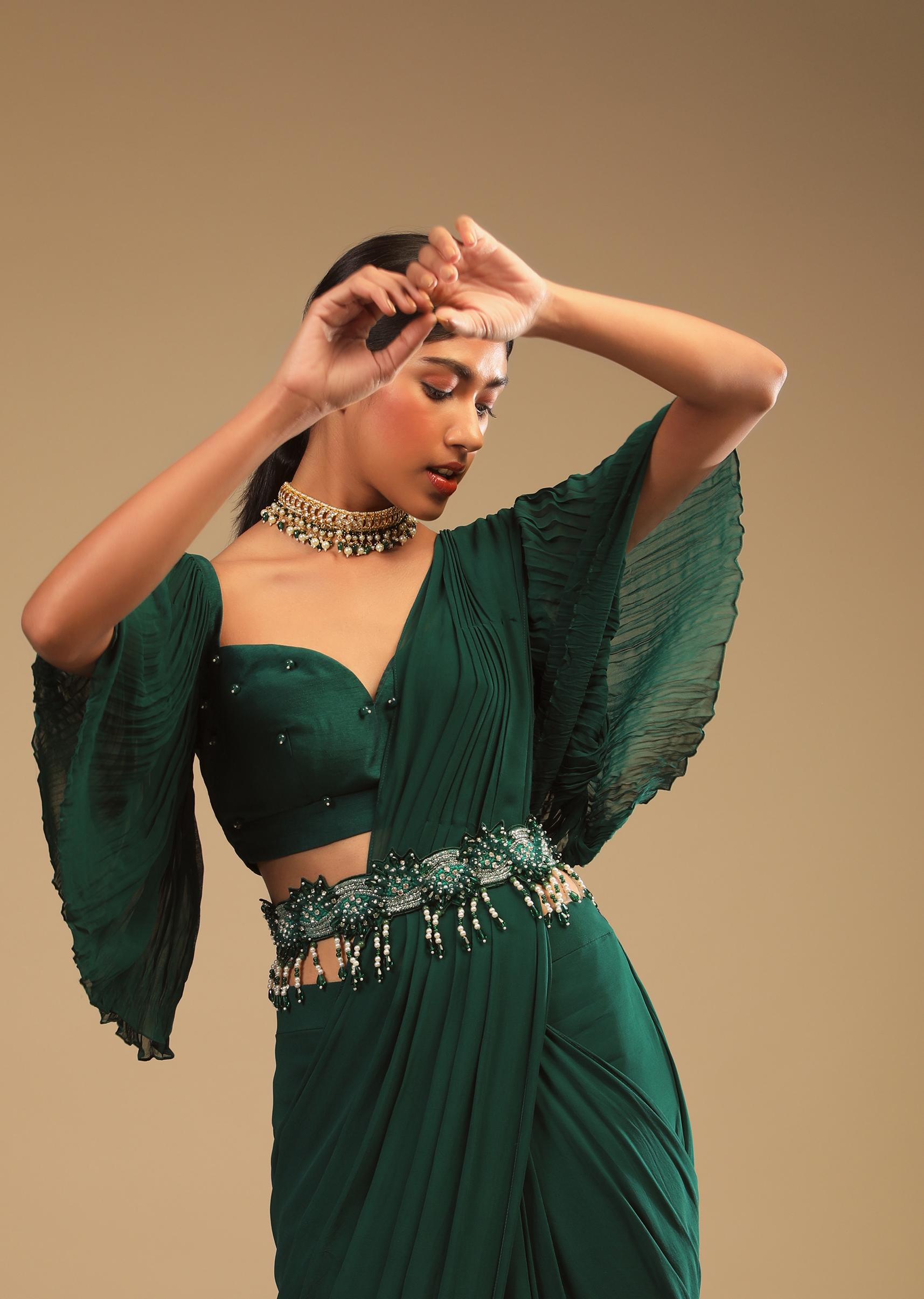 Kalki Fashion,M001AT386Y-SG67133,Emerald Green Ready Pleated Saree In Georgette With Bell Sleeves Crop Top And Chunky Embroidered Belt