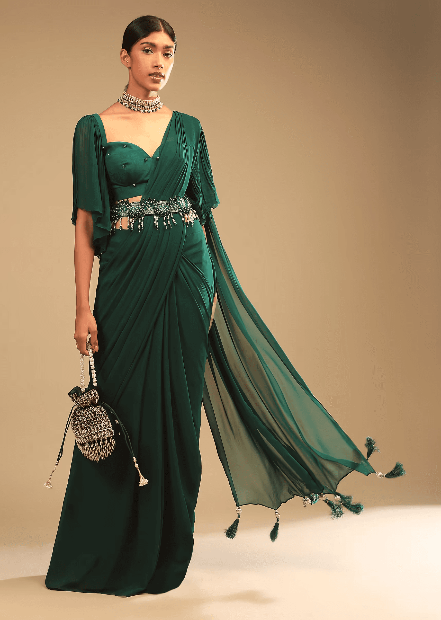 Kalki Fashion,M001AT386Y-SG67133,Emerald Green Ready Pleated Saree In Georgette With Bell Sleeves Crop Top And Chunky Embroidered Belt