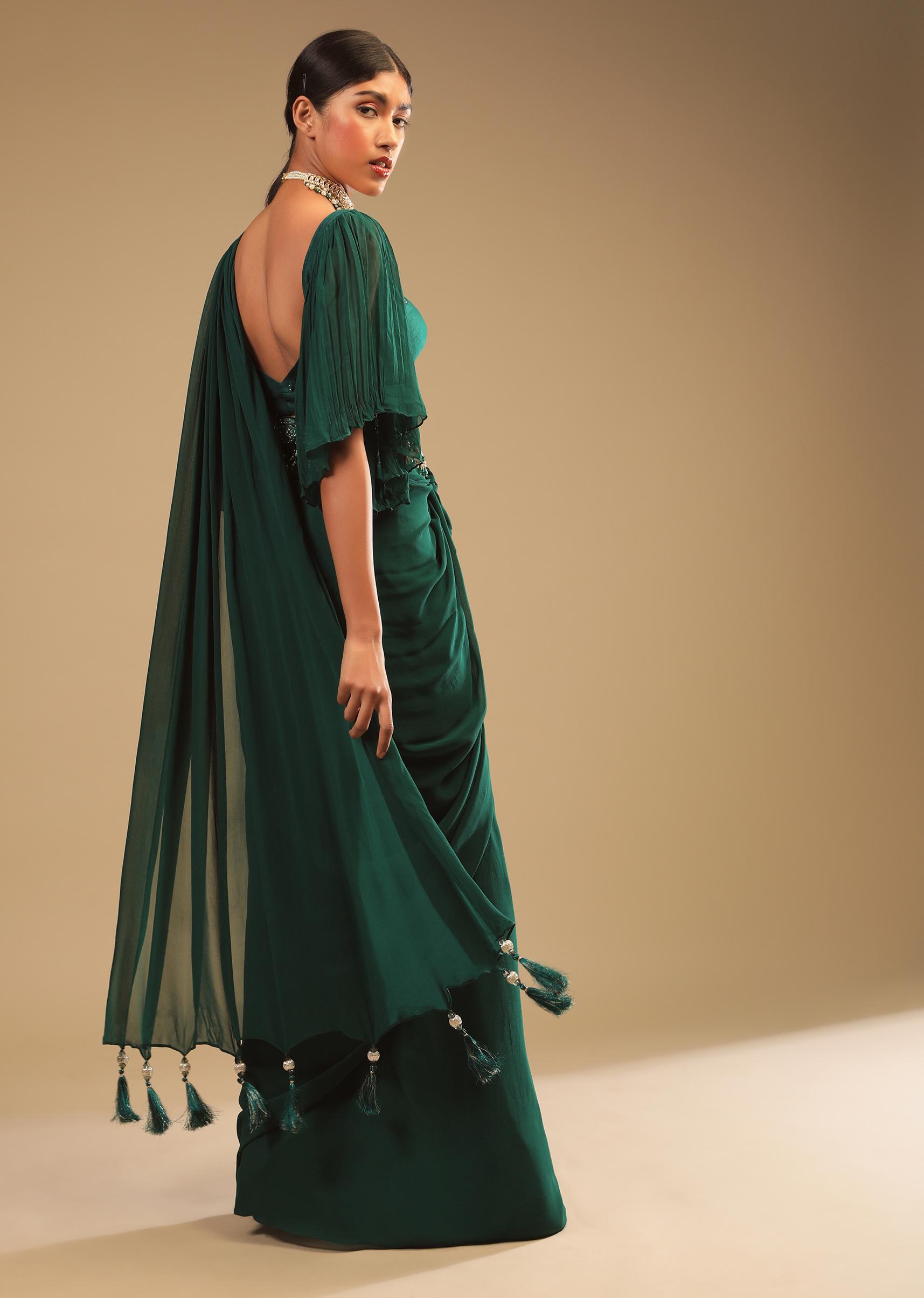 Kalki Fashion,M001AT386Y-SG67133,Emerald Green Ready Pleated Saree In Georgette With Bell Sleeves Crop Top And Chunky Embroidered Belt