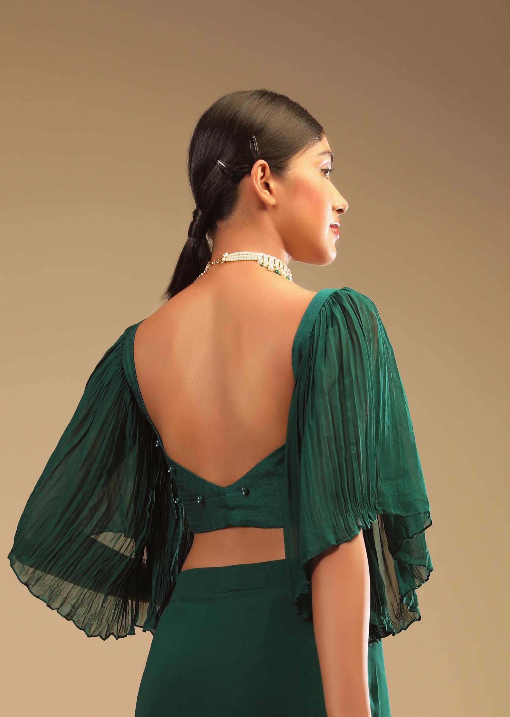 Kalki Fashion,M001AT386Y-SG67133,Emerald Green Ready Pleated Saree In Georgette With Bell Sleeves Crop Top And Chunky Embroidered Belt