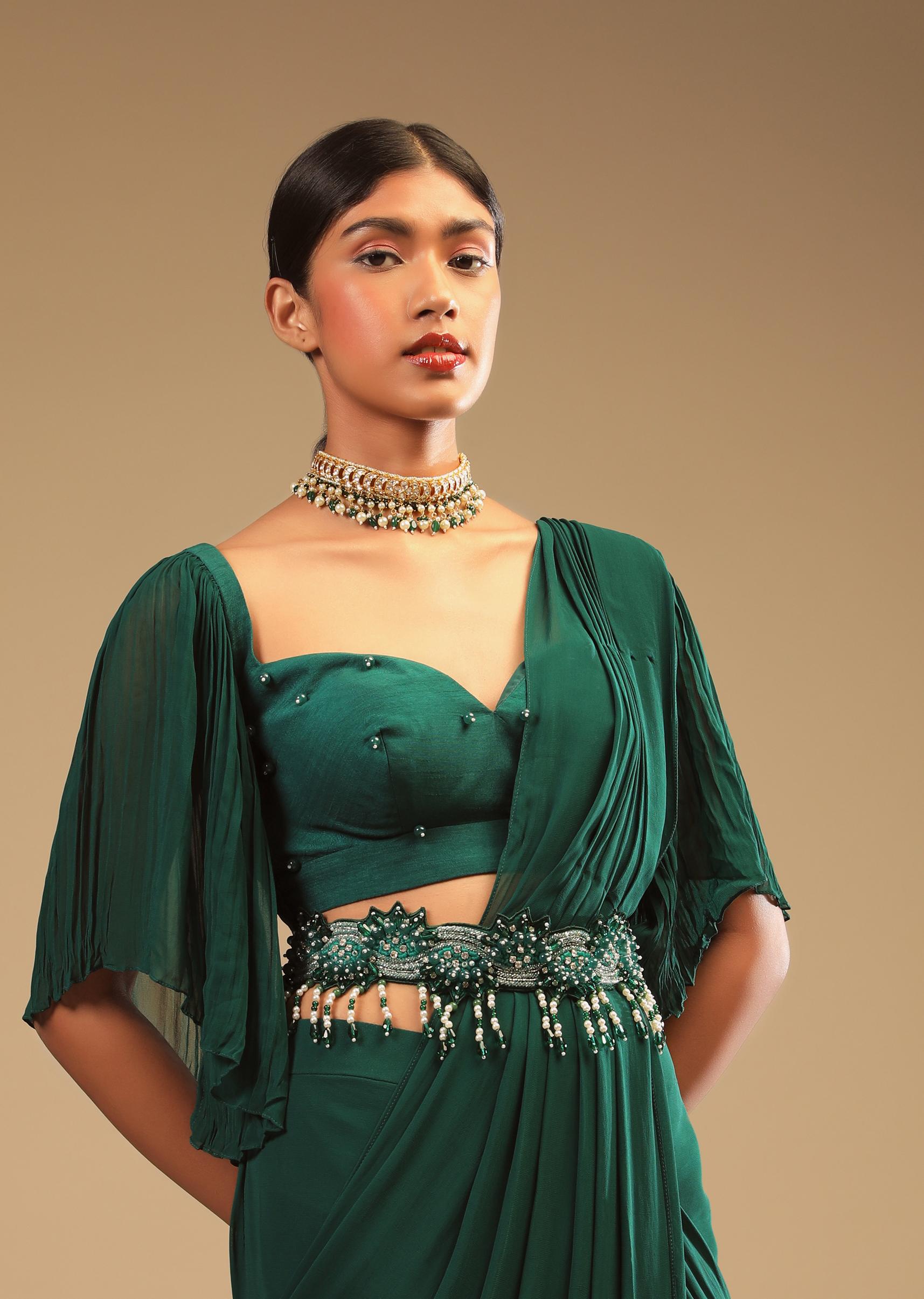 Kalki Fashion,M001AT386Y-SG67133,Emerald Green Ready Pleated Saree In Georgette With Bell Sleeves Crop Top And Chunky Embroidered Belt