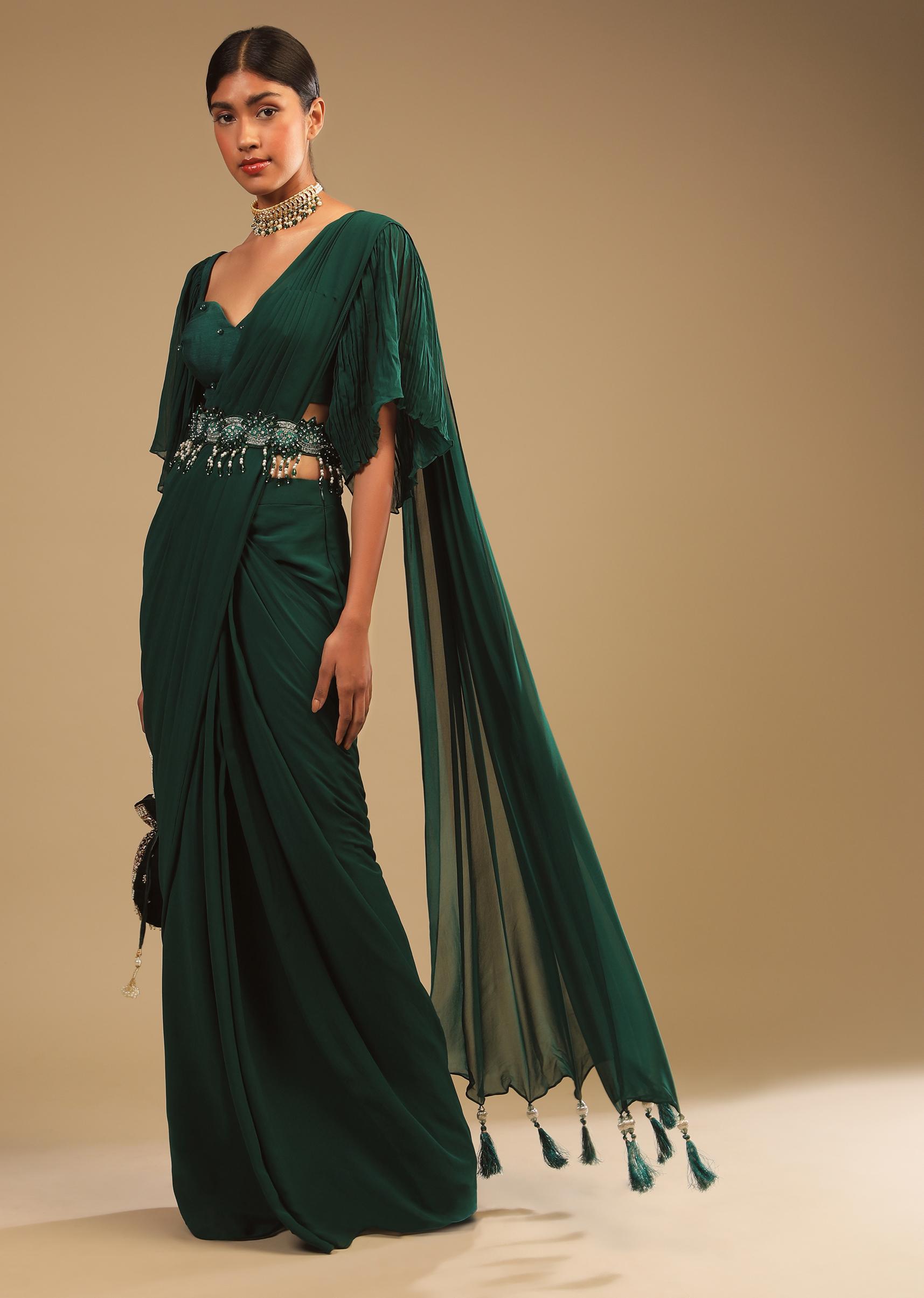 Kalki Fashion,M001AT386Y-SG67133,Emerald Green Ready Pleated Saree In Georgette With Bell Sleeves Crop Top And Chunky Embroidered Belt