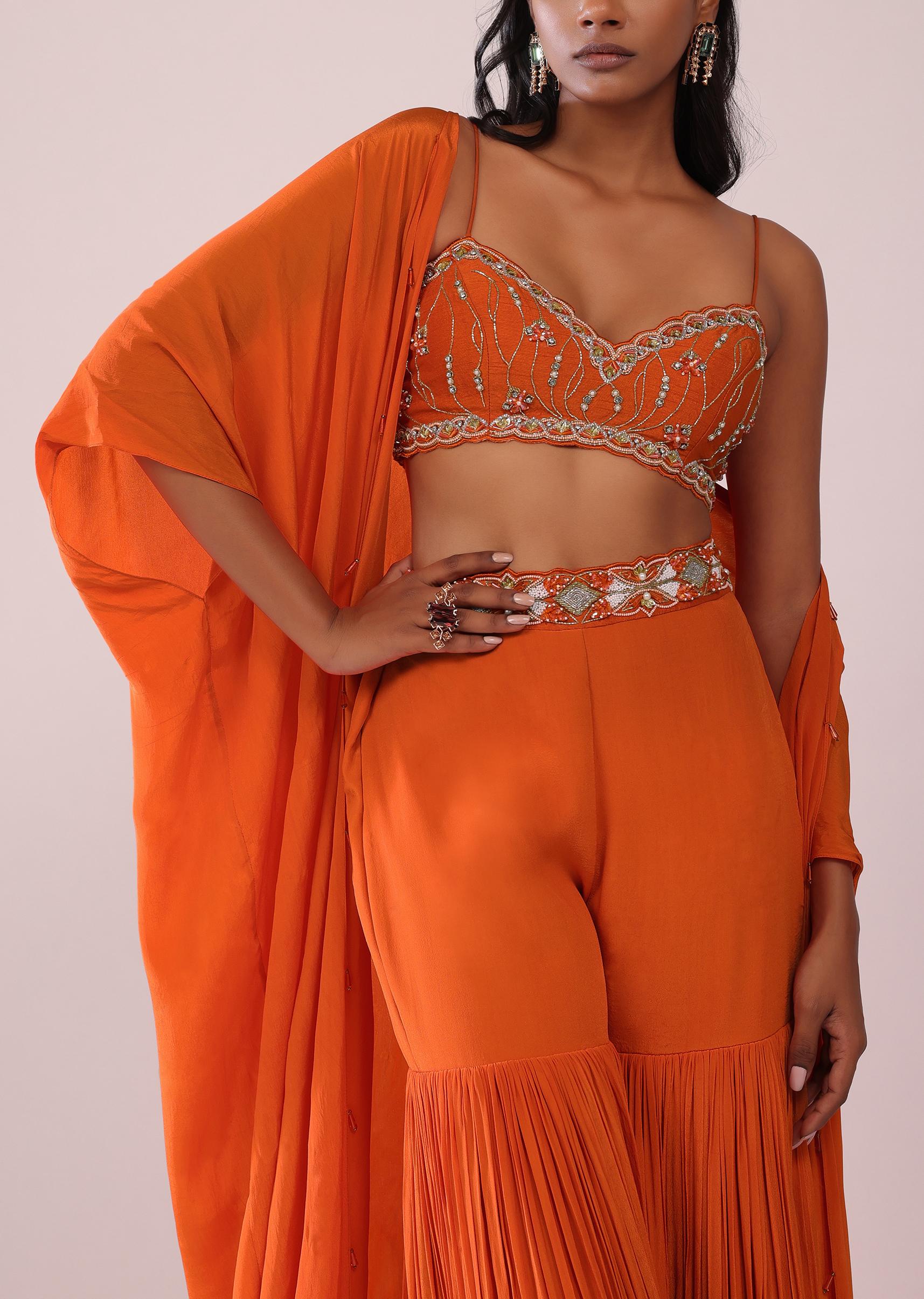 Kalki Fashion,SG147545,Fire Orange Sharara Pant And Blouse Set With Jacket In Crepe