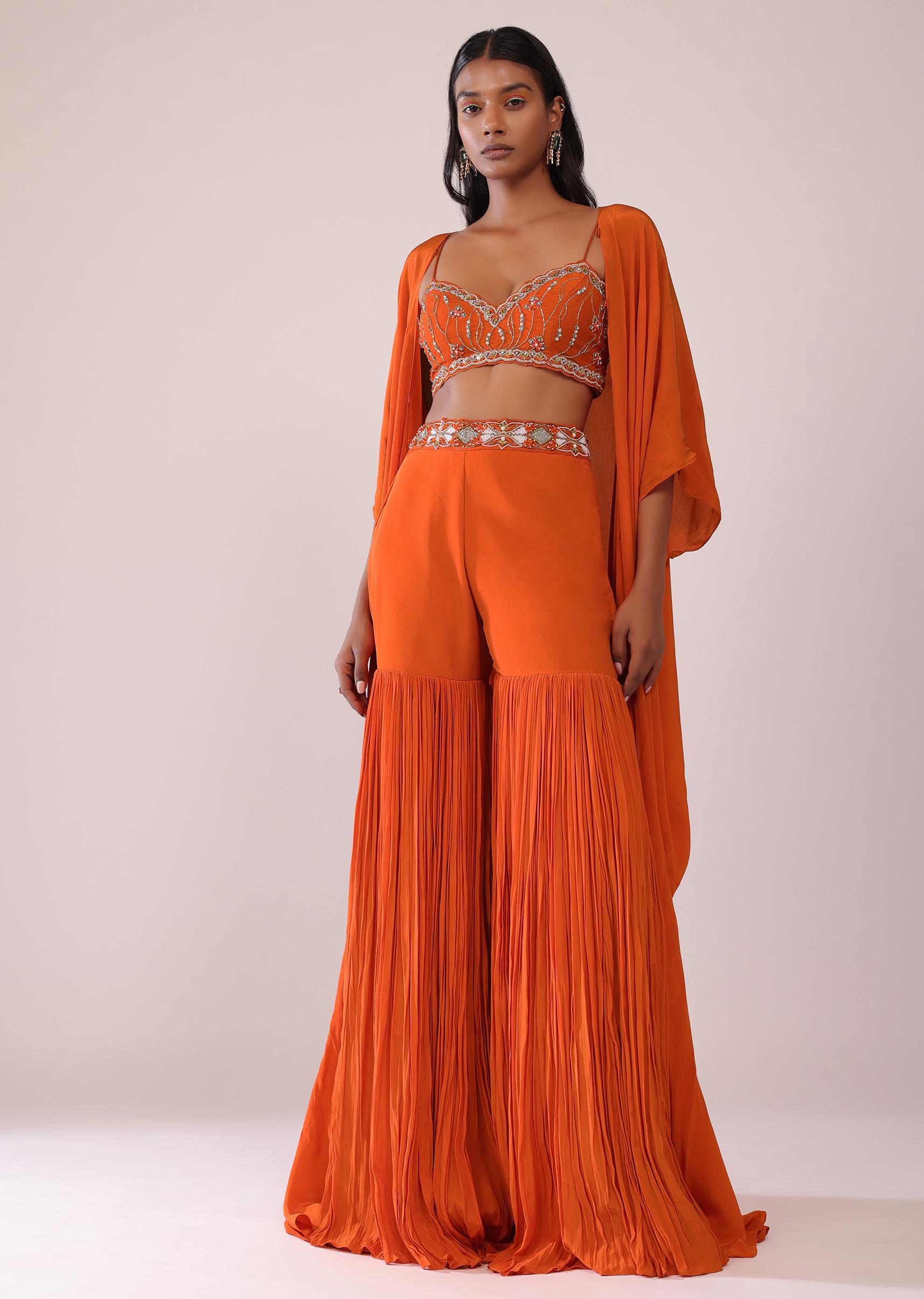 Kalki Fashion,SG147545,Fire Orange Sharara Pant And Blouse Set With Jacket In Crepe