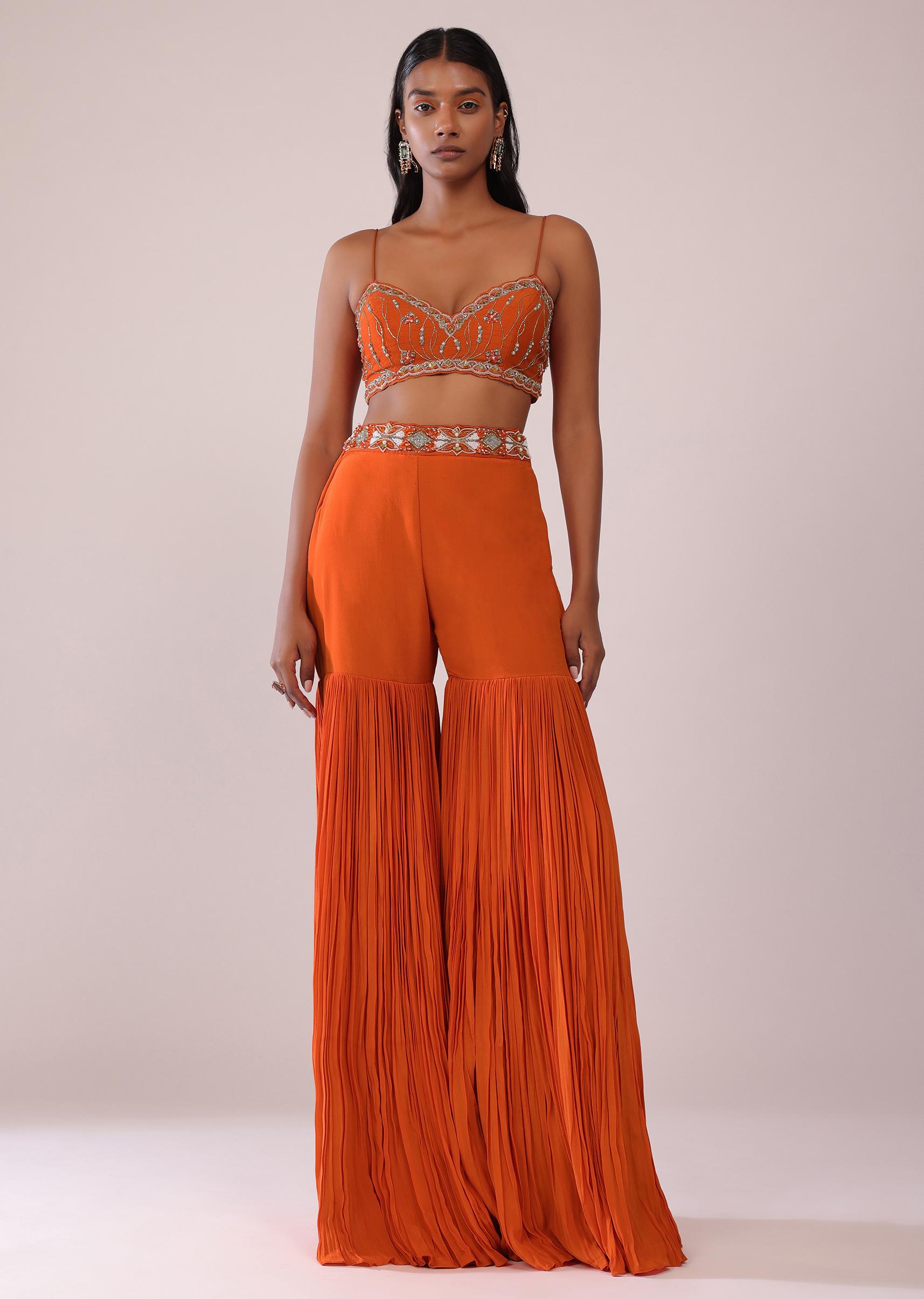 Kalki Fashion,SG147545,Fire Orange Sharara Pant And Blouse Set With Jacket In Crepe