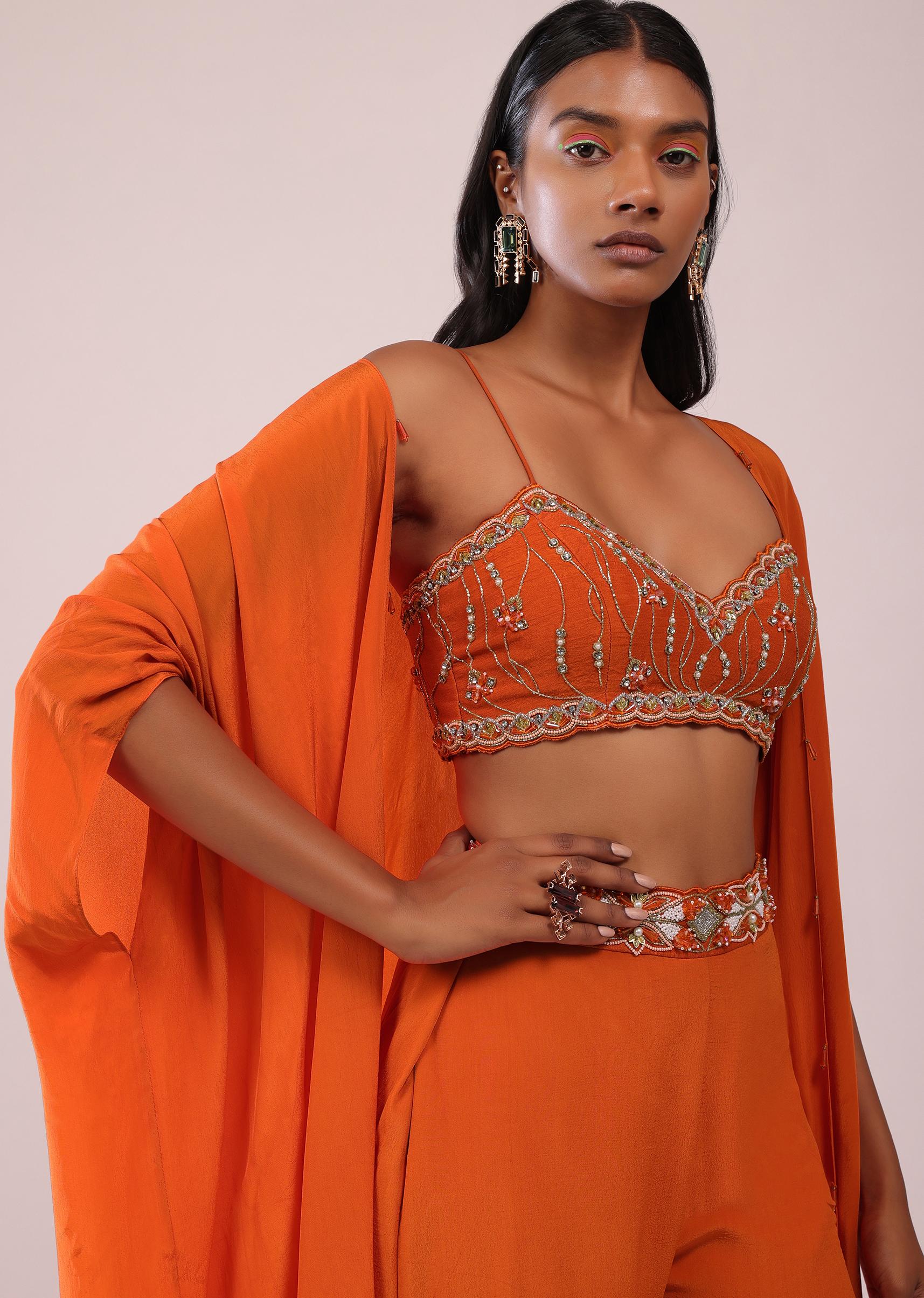 Kalki Fashion,SG147545,Fire Orange Sharara Pant And Blouse Set With Jacket In Crepe