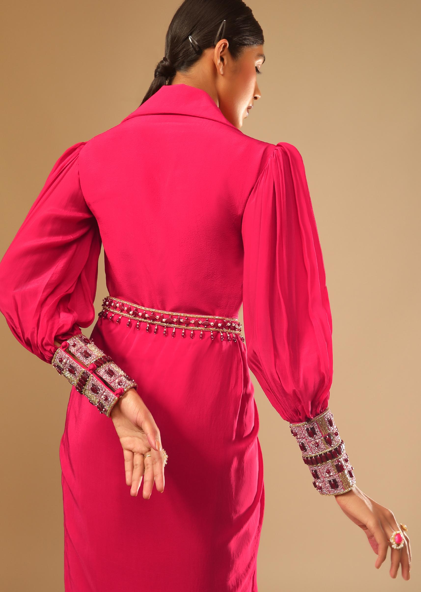 Kalki Fashion,M001AT403Y-SG73175,Hot Pink Dress With A Chunky Embroidered Bishop Sleeves And Collar Neckline
