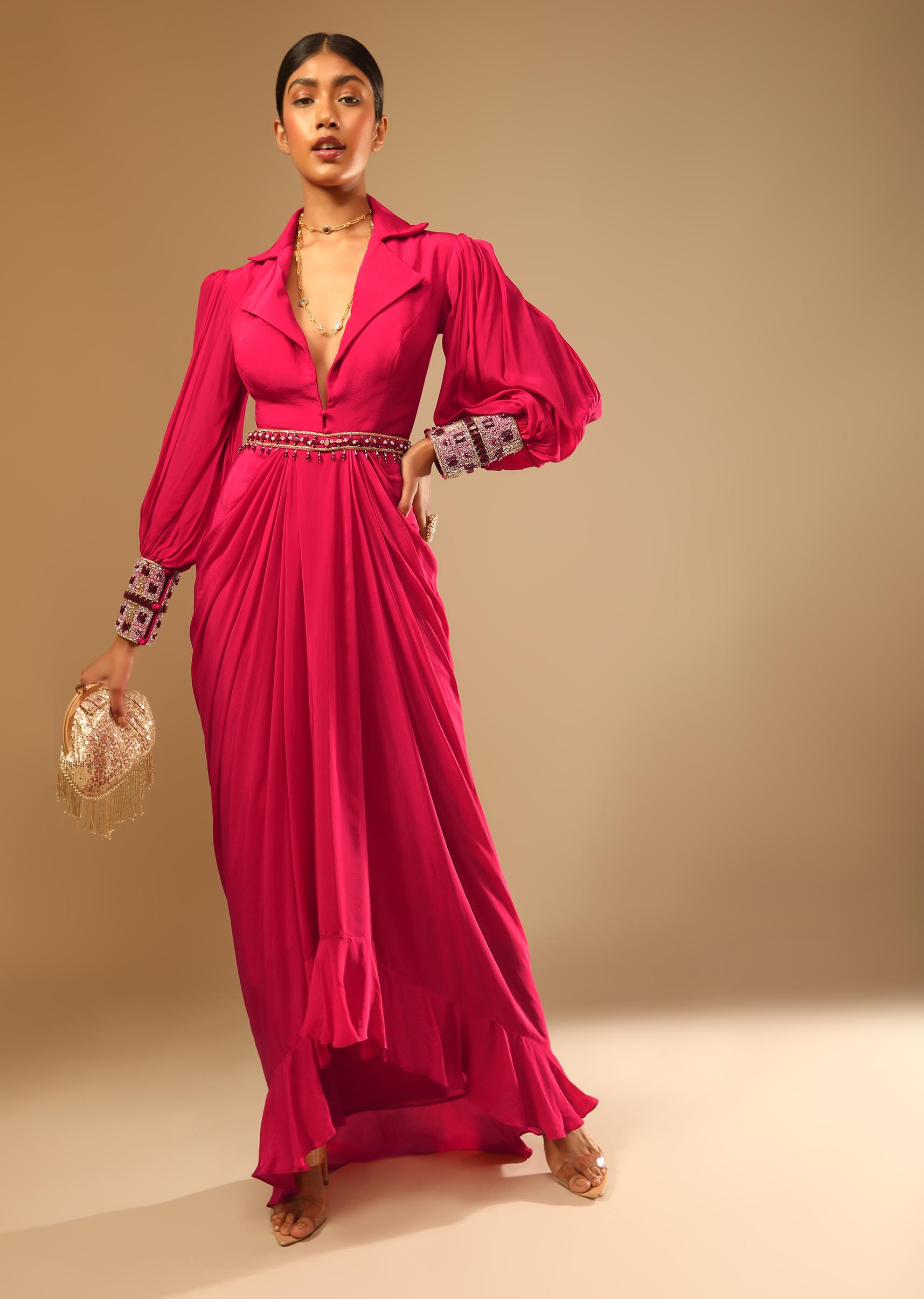 Kalki Fashion,M001AT403Y-SG73175,Hot Pink Dress With A Chunky Embroidered Bishop Sleeves And Collar Neckline
