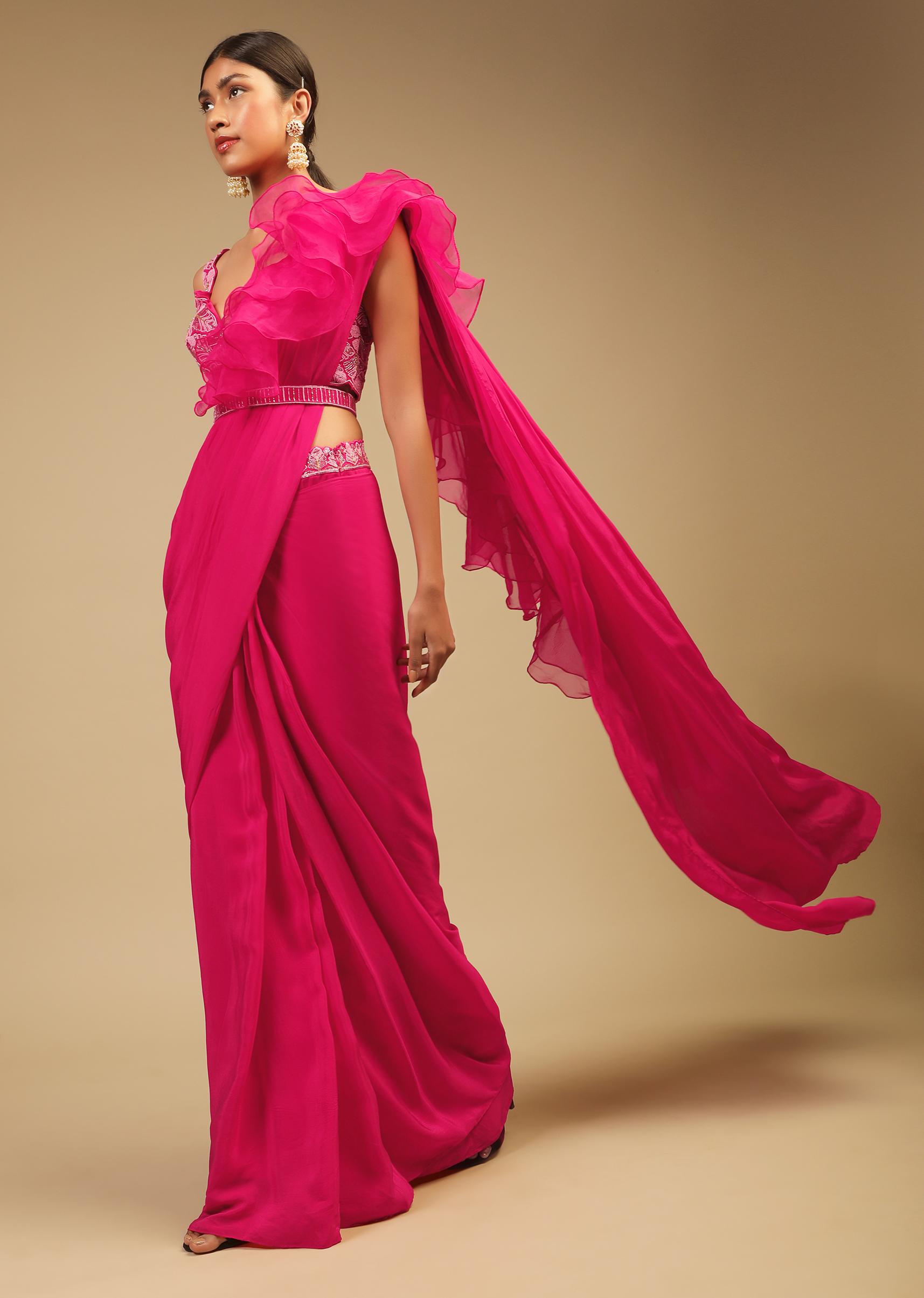 Kalki Fashion,M001AT401Y-SG73859,Hot Pink Ready Pleated Saree In Crepe With Ruffle Frill On The Pallu And Beads Embroidered Crop Top And Belt