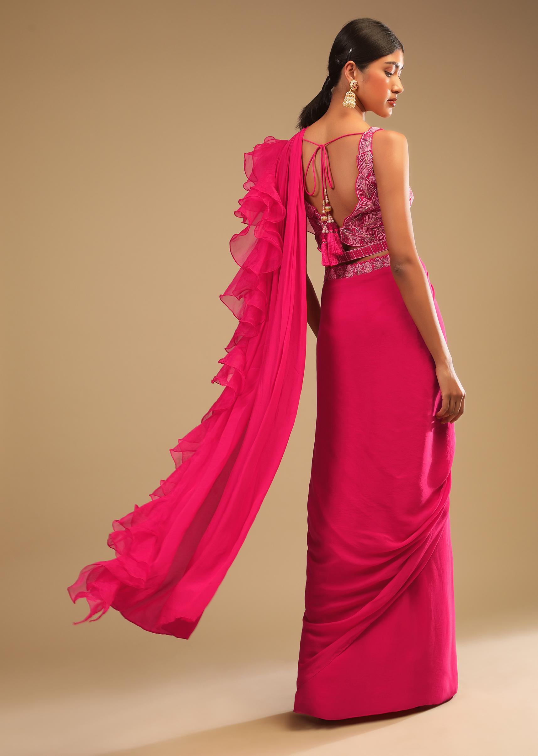 Kalki Fashion,M001AT401Y-SG73859,Hot Pink Ready Pleated Saree In Crepe With Ruffle Frill On The Pallu And Beads Embroidered Crop Top And Belt