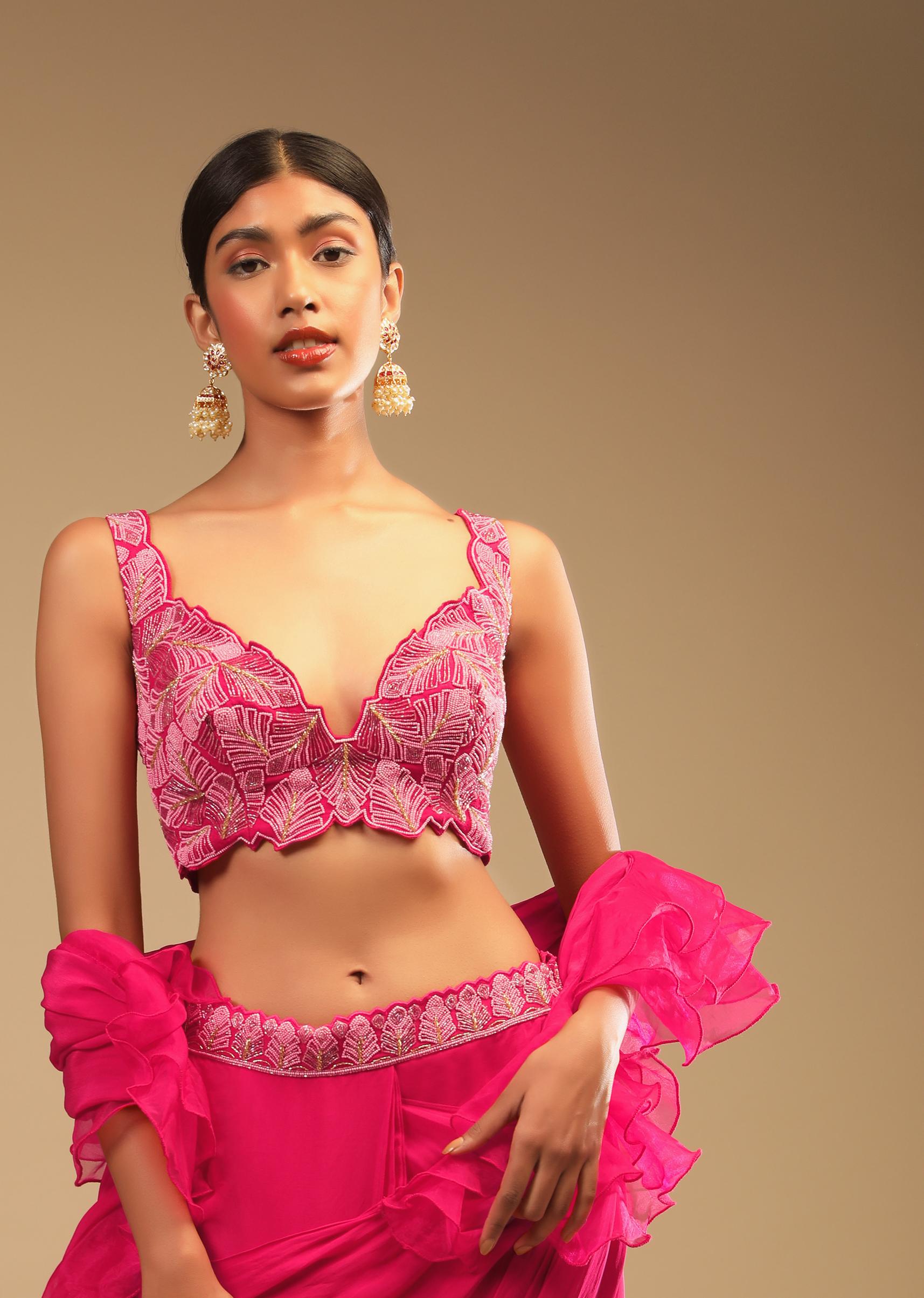 Kalki Fashion,M001AT401Y-SG73859,Hot Pink Ready Pleated Saree In Crepe With Ruffle Frill On The Pallu And Beads Embroidered Crop Top And Belt