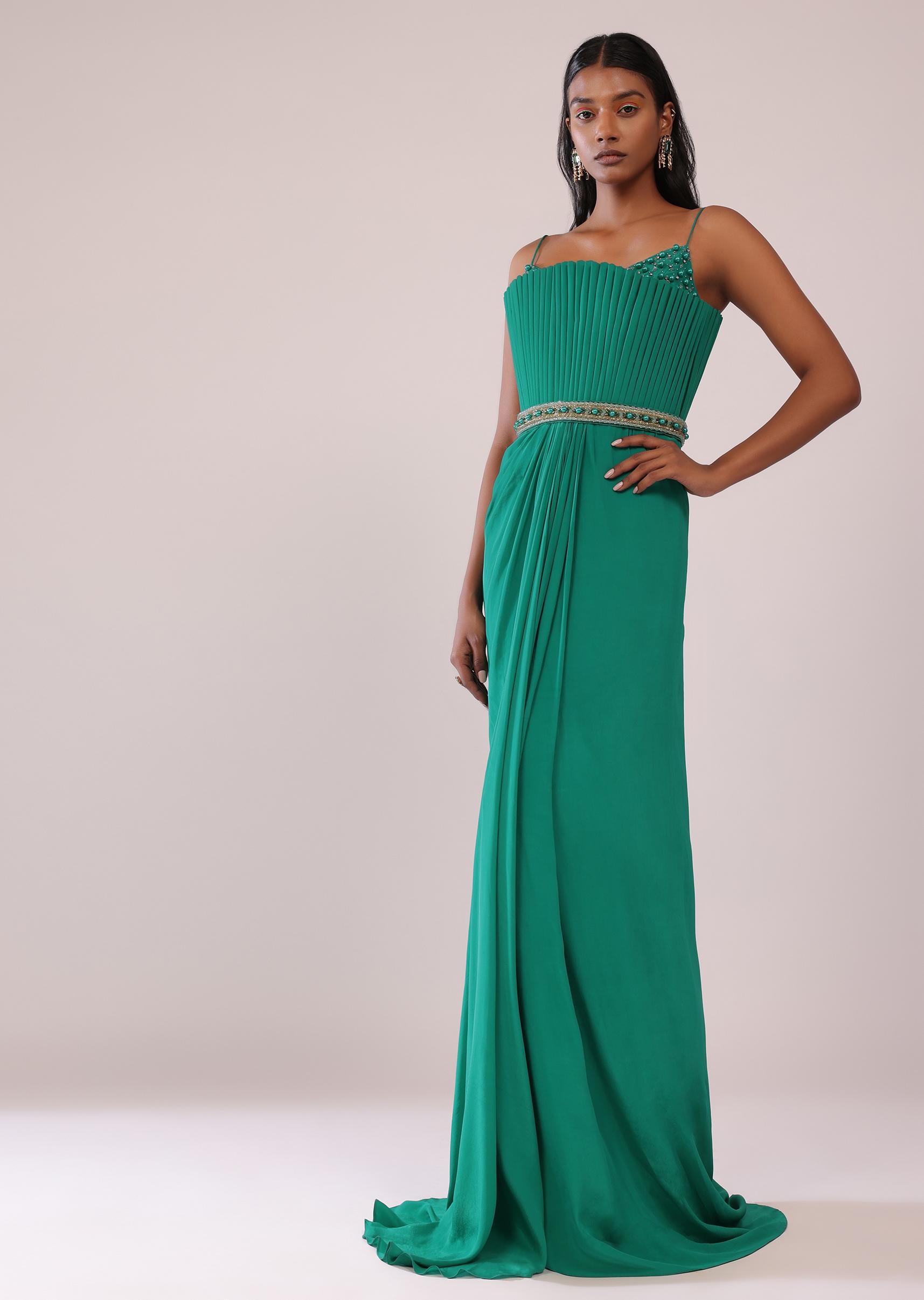 Kalki Fashion,SG151388,Jade Green Crepe Gown Adorned With Moti And Beads