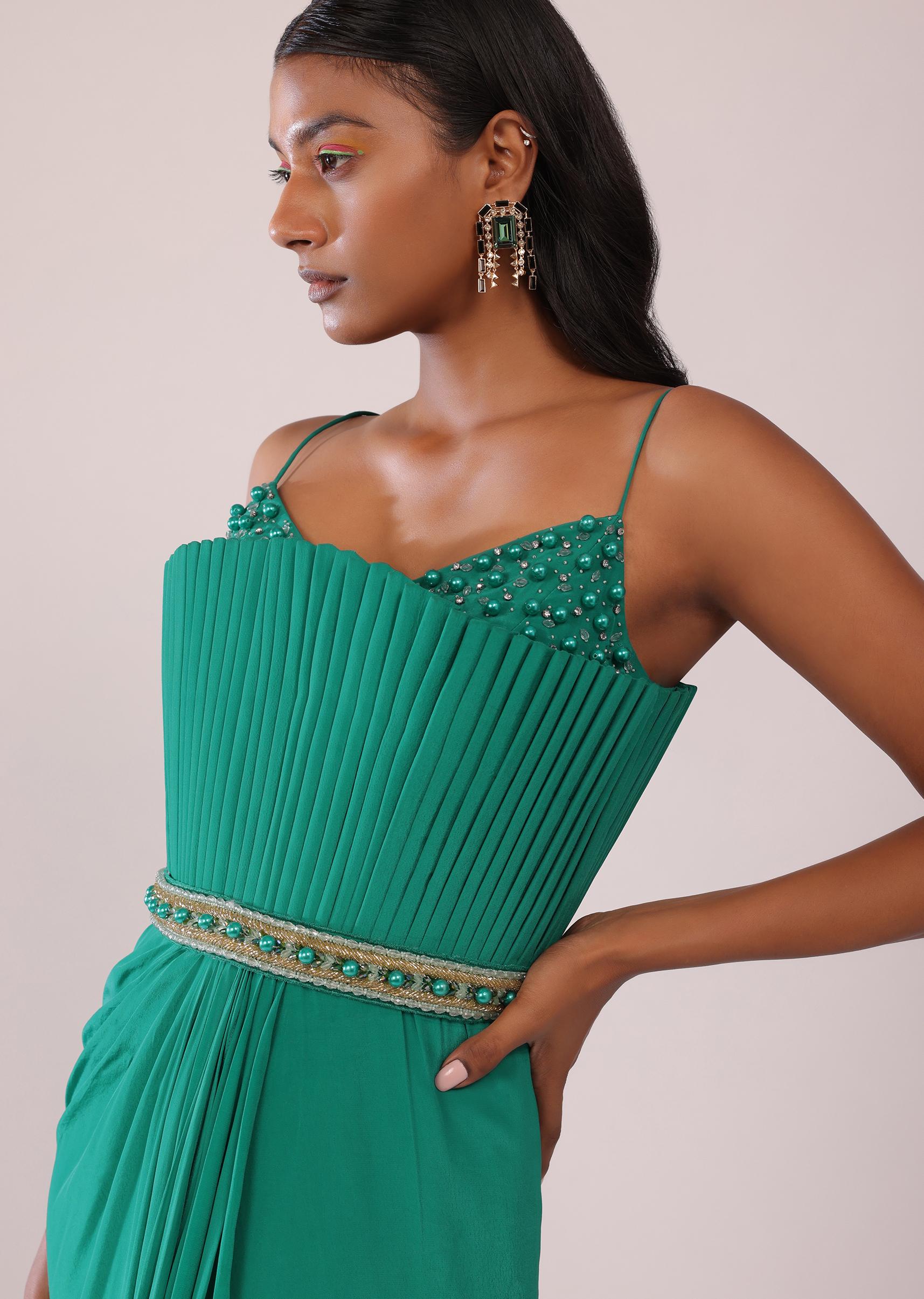 Kalki Fashion,SG151388,Jade Green Crepe Gown Adorned With Moti And Beads