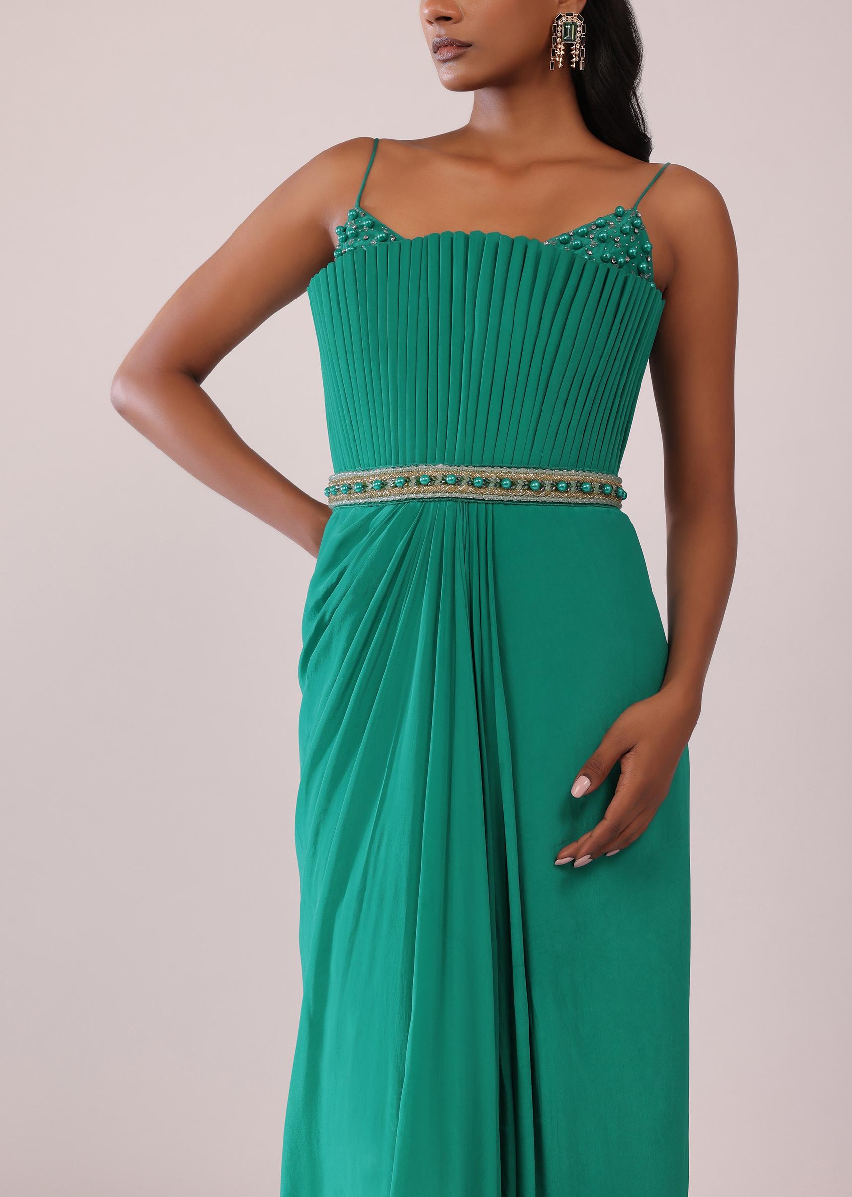 Kalki Fashion,SG151388,Jade Green Crepe Gown Adorned With Moti And Beads